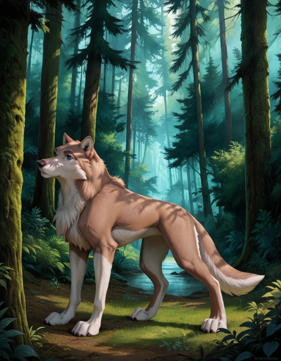 score_9, score_8_up, score_7_up, aleu, two tone fur, no humans, body fur, wolf, animal, solo, blue eyes, standing, full body, animal focus, side view, forest, detailed background