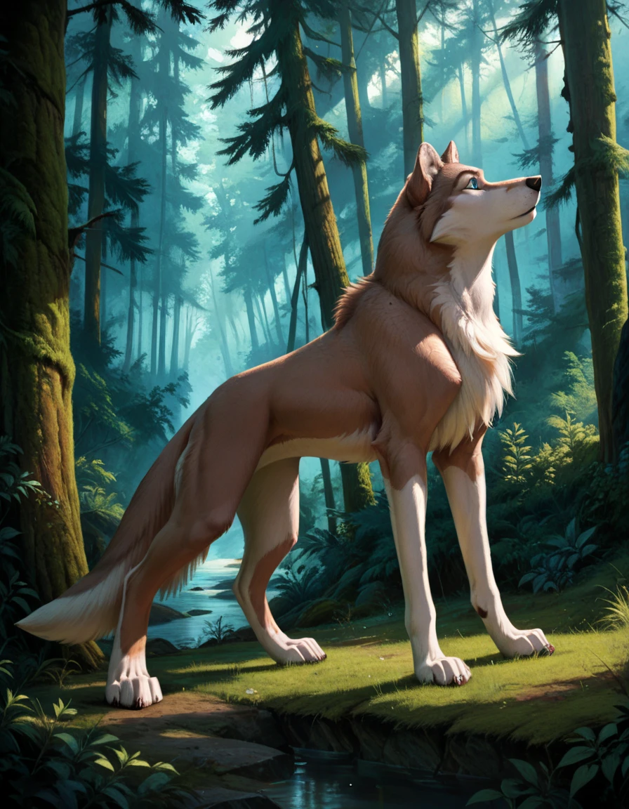 score_9, score_8_up, score_7_up, aleu, two tone fur, no humans, body fur, wolf, animal, solo, blue eyes, standing, full body, animal focus, side view, forest, detailed background