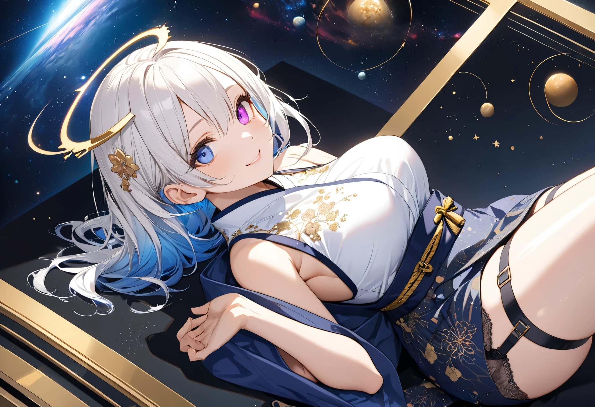 Fresh illustration,
Ultra-fine drawing,
Top quality,
Very delicate illustration,
Very fine details,
Beautiful charming anime woman,
Enchanting anime girl,
Super detailed,
Beautiful and sophisticated,
Illustration of a girl,
Full body,
Height 158cm,
Fair skin,
Right eye blue, left eye purple, complete heterochromia,
Large black pupil,
Beautiful eyes,
Super long hair,
Shiny hair,
Blue roots, white hair elsewhere,
Hair with gradient,
Protruding forehead,
Pretty and cute face,
Rich cheeks,
Small shiny halo floating on the back of the head,
Lowered eyebrows,
Smiling,
Upper body in kimono,
Overall white clothes,
Lower body in cheongsam,
Black obi,
Tasteful embroidery with gold thread,
Clothes with high-quality texture,
Narrow, sloping shoulders,
mega breasts,
isometric,
golden ratio,
divine atmosphere,
wearing an indigo-coloured inner lining,
outer space,
multiple galaxies,
countless small stars,
tactical use of shadows,
hair and halo on head do not extend beyond the frame,
clothes do not extend beyond the frame,
garter belt,
stockings,
thigh straps,
thigh straps digging into the skin,
white long boots,
Japanese-style toes,
thin waist,
thick thighs,
full shot,
picture of a standing motionless figure,