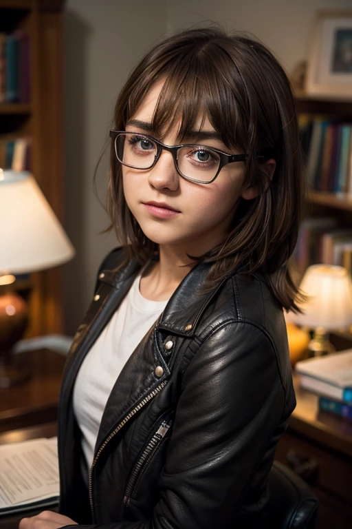 Maisie williams BREAK (black leather jacket) BREAK (medium hair, brown hair, straight hair, bangs) BREAK (nerd glasses, black frame) BREAK (slender body, thin hips) BREAK (sitting at desk) BREAK inside, library, soft lighting, female, masterpiece, high resolution, 8k, sure_for_work 