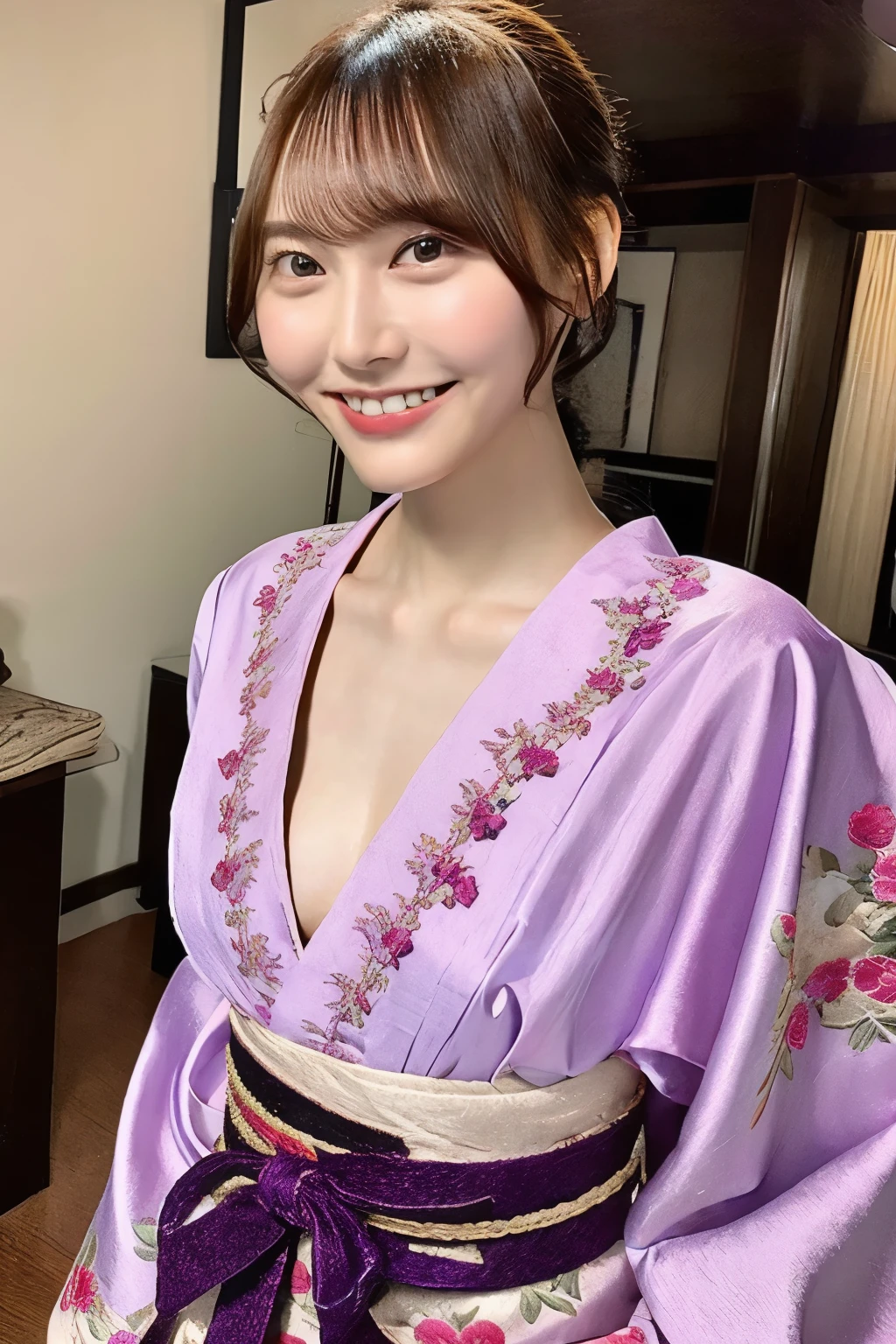 brown hair on one woman、 low ponytail、With bangs、smile、Beautiful breasts、 slim body、 chest open、A purple yukata embroidered with a floral pattern、 on her knees with both hands、In a Japanese-style room、 Seduce Me 、 Looking ahead
