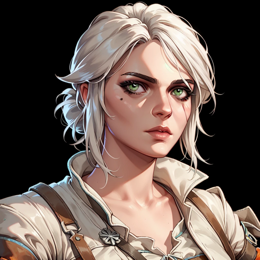 one woman, ciri, (green eyes:1.2), white hair, (upper body:1.3), (black background, clear background:1.5), (white military jacket:1.2), (studio lights, deep shadows:1.3), (small chest:1.2)