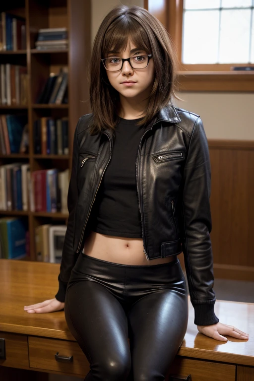 Maisie williams BREAK (black leather jacket, leggings) BREAK (medium hair, brown hair, straight hair, bangs) BREAK (nerd glasses, black frame) BREAK (slender body, thin hips) BREAK (sitting at desk) BREAK inside, library, soft lighting, female, masterpiece, high resolution, 8k, sure_for_work 