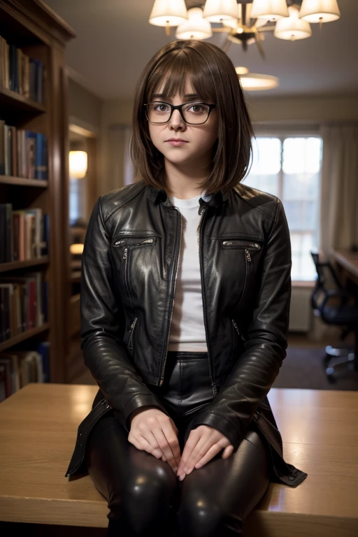 Maisie williams BREAK (black leather jacket, leggings) BREAK (medium hair, brown hair, straight hair, bangs) BREAK (nerd glasses, black frame) BREAK (slender body, thin hips) BREAK (sitting at desk) BREAK inside, library, soft lighting, female, masterpiece, high resolution, 8k, sure_for_work 