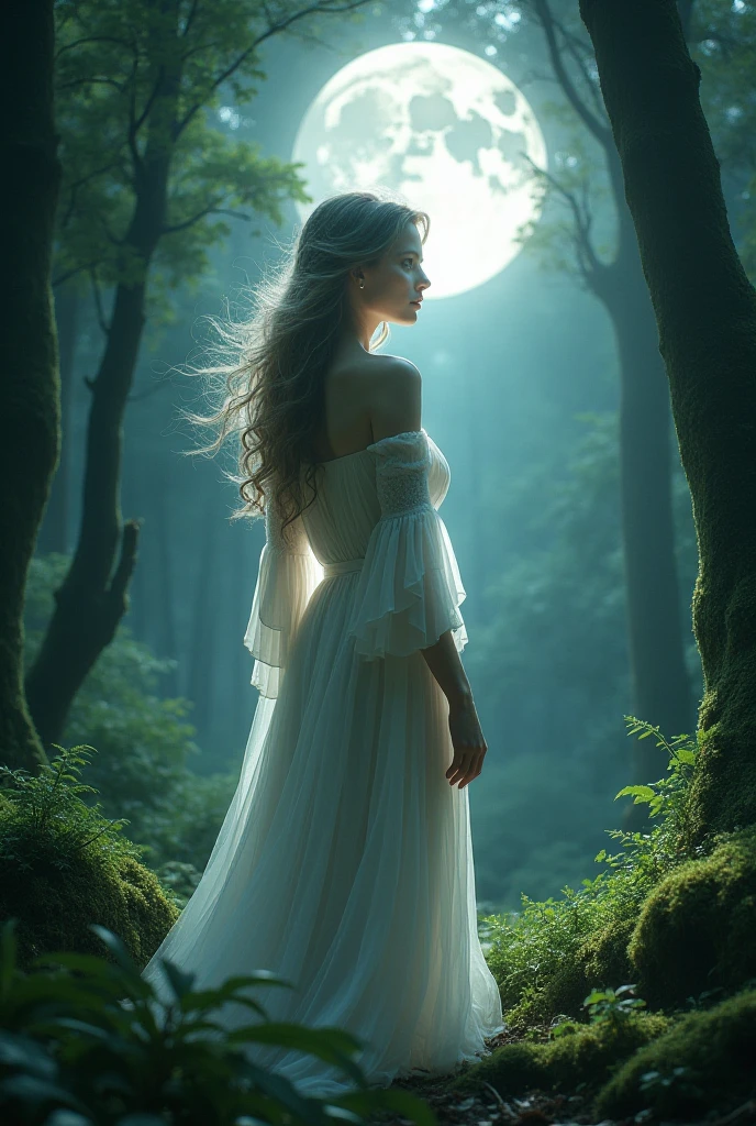 Beautiful woman in the moonlight in the middle of the forest