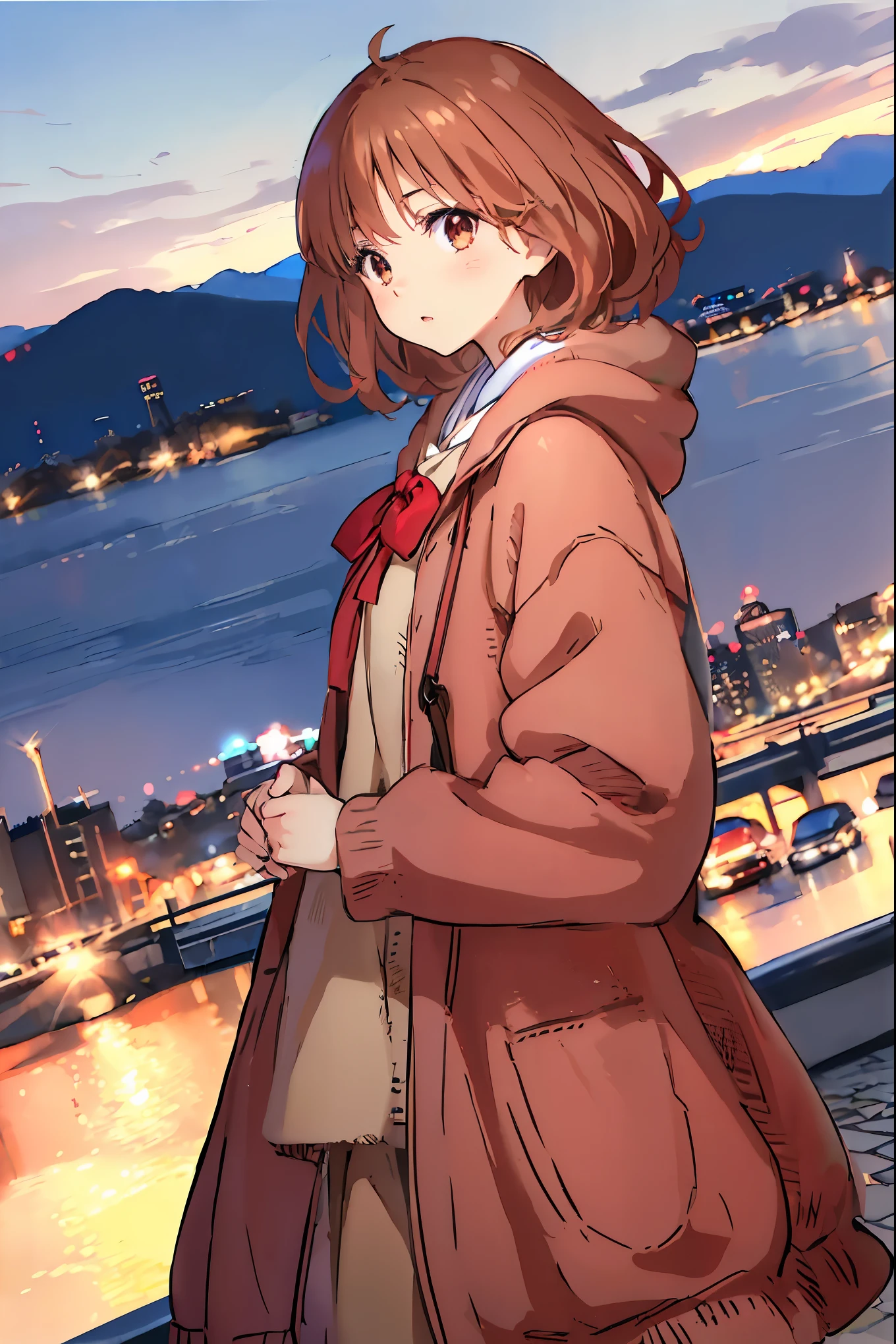 Winter clothes、Red coat、Bare legs、( top quality ,Masterpiece:1.3, Ultra-fine ),( very detailed, caustics,8k),( realistic :1.4,RAW shooting),18 years old, Japanese , cute, カメラを見て笑faceで ,( face :1.2),( faceクローズアップ :1.2),(Low position:1.3),( low angle:1.4), brown hair, Shortcut , slender beauty , messy hair,Cityscape, brown hair, Shortcut , Unkempt Hair ,Short braided hair,Neat, slender beautiful woman,Correct posture,Small chest, Beautiful Legs, Enchanting gray-blue eyes are shining like stars,Droopy eyes, bright color, beautiful eyes,繊細な笑face,Textured Skin, Best Quality at its Best , gentle and beautiful woman , anime style、