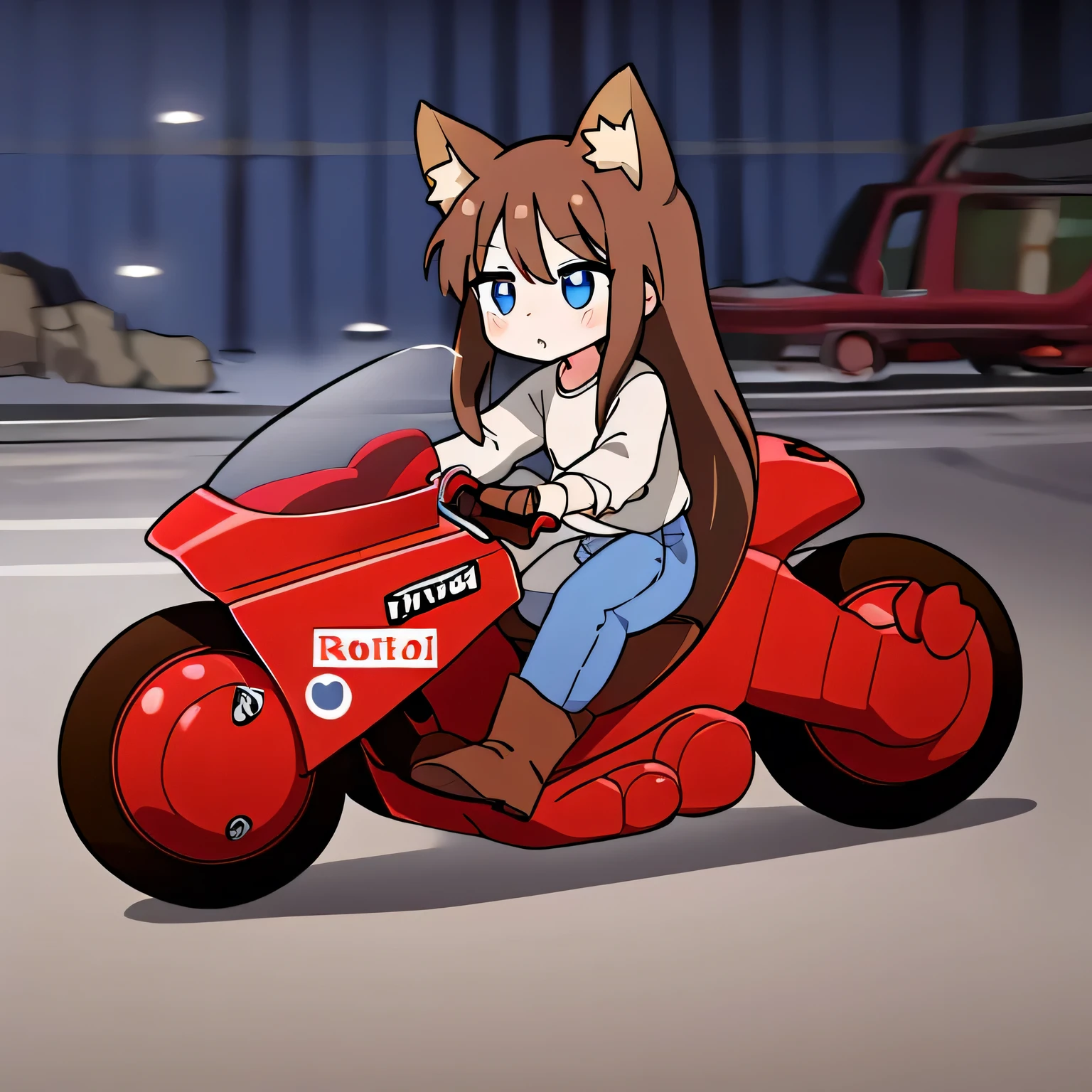  1 girl、 long hair、 blue eyes、 brown hair、Fox Ears、Tail、 white shirt、 blue jeans 、 brown boots、whole body、 are expressionless、I'm riding a red motorcycle