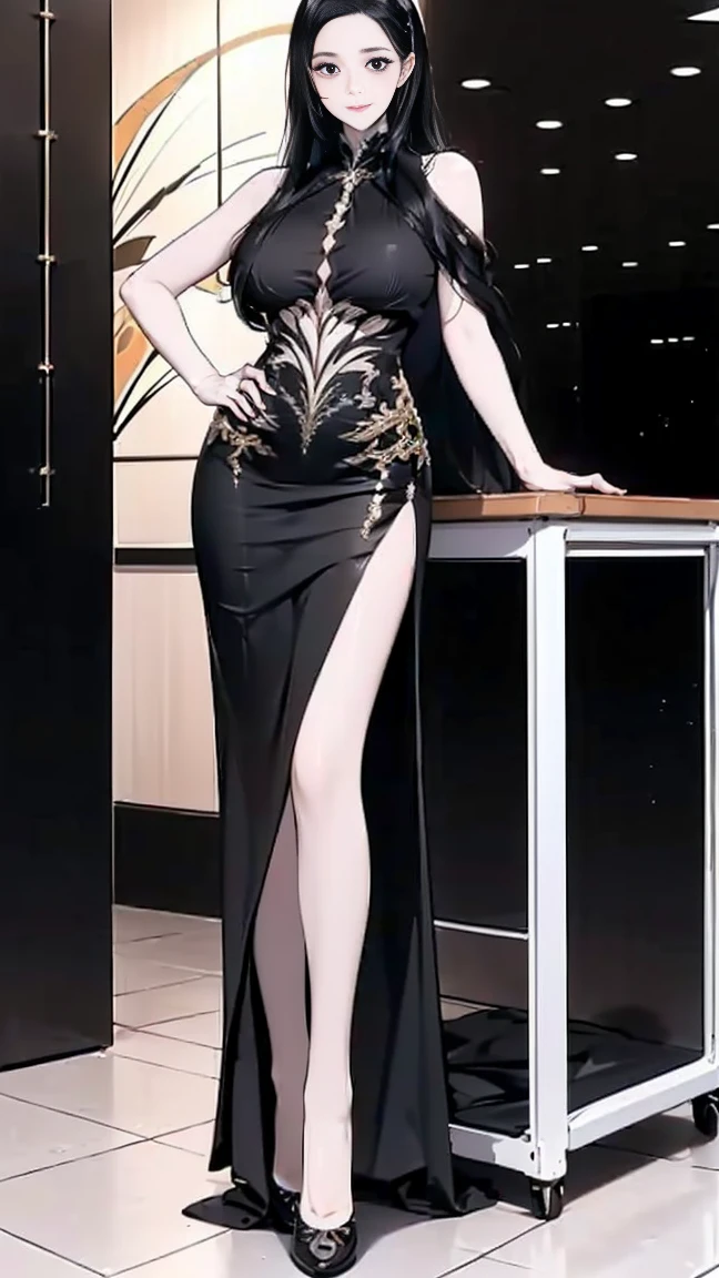 1girl, necklace, long_hair, jewelry, breasts, rating:explicIt, cleavage, high_heels, indoors, looking_at_viewer, standing, hand_on_hip, sandals, bangs, large_breasts, solo, bracelet, collarbone, nail_polish, full_body, toenail_polish, toes, skirt, pendant, long_sleeves, eyebrows_visible_through_hair, shiny, blush, brown_hair, lips, open_toe_shoes, fingernails, legs, smile, shiny_hair