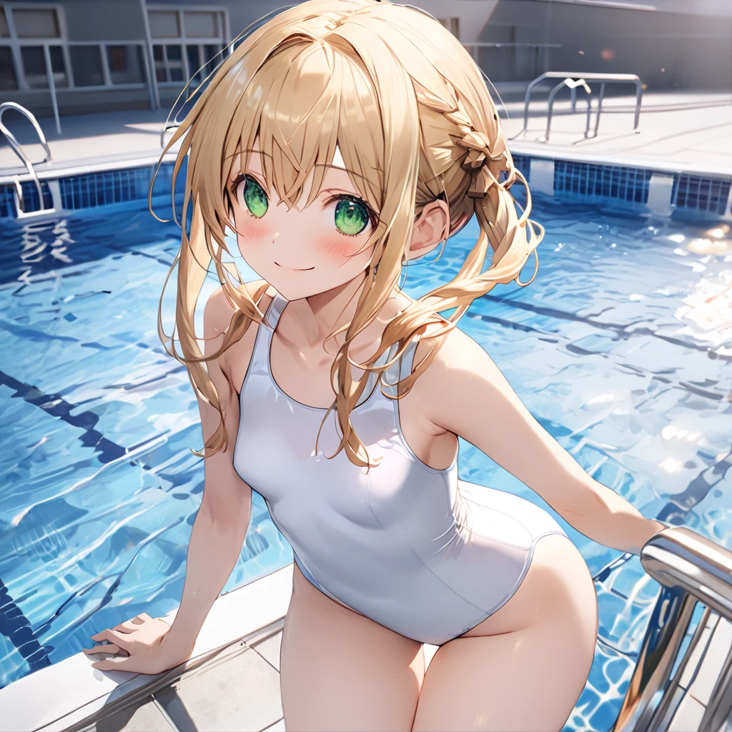 ( One Girl ), blonde hair, green eyes,short hair ,smile,blush、(long sidelocks:1.5), ( small tits:1.5),(white school swimsuit flap:1.5),(Thighs:1.5),stand、Pool、front、 cowboy shot、( perfect anatomy ),( best quality), ( ultra hi-res), (超 high definition ), ( Highly Detailed CG), (32K), (masterpiece)、eyesHD,Green \(Neptunia )\