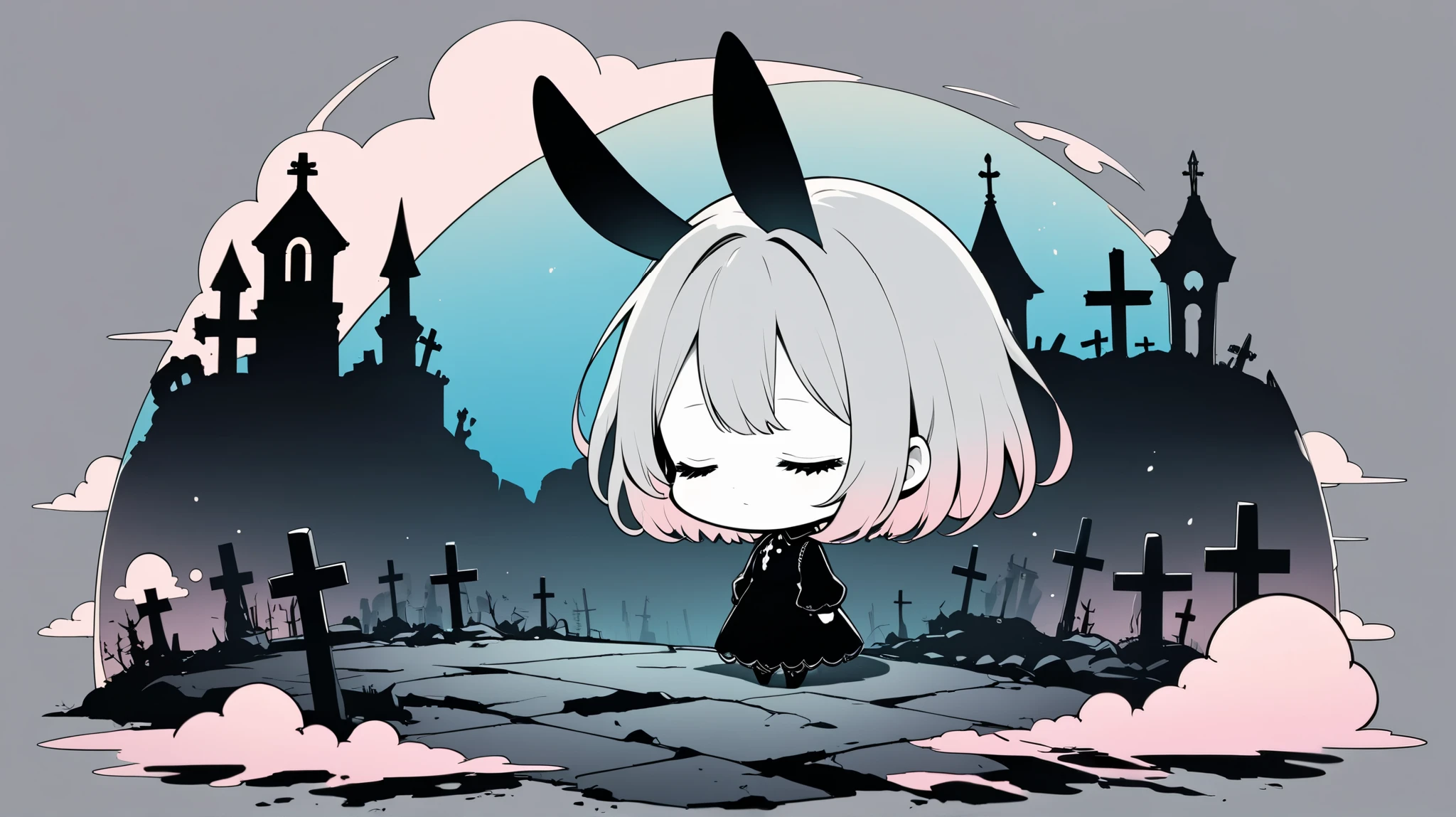 Flat Design, Silhouette Art,anime style, 1chibi character\(trk,short hair, bunny ears, closed eyes,white skin,peaceful expression,[monochrome,dark gothic illustration:Pastel gradation color,dreamy illustration:0.3],\),solo,gentle glow, gradient background,gray and soft blue and soft pink,derelict graveyard, focus on silhouette symmetry,best quality, minimalism, simple background, 