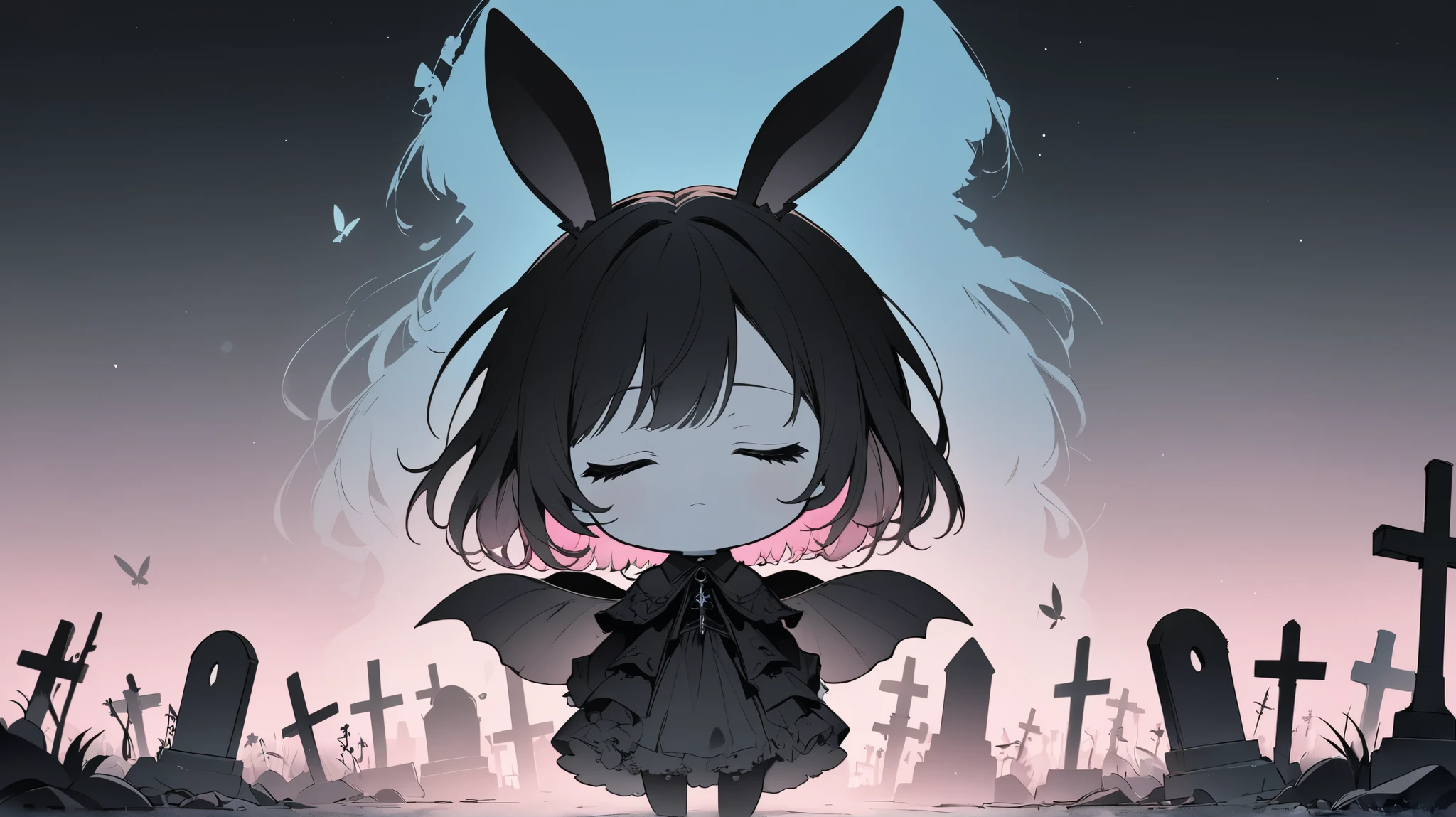 Flat Design, Silhouette Art,anime style, 1chibi character\(trk,short hair, bunny ears, closed eyes,white skin,peaceful expression,[monochrome,dark gothic illustration:Pastel gradation color,dreamy illustration:0.3],\),solo,gentle glow, gradient background,gray and soft blue and soft pink,derelict graveyard, focus on silhouette symmetry,best quality, minimalism, simple background, 