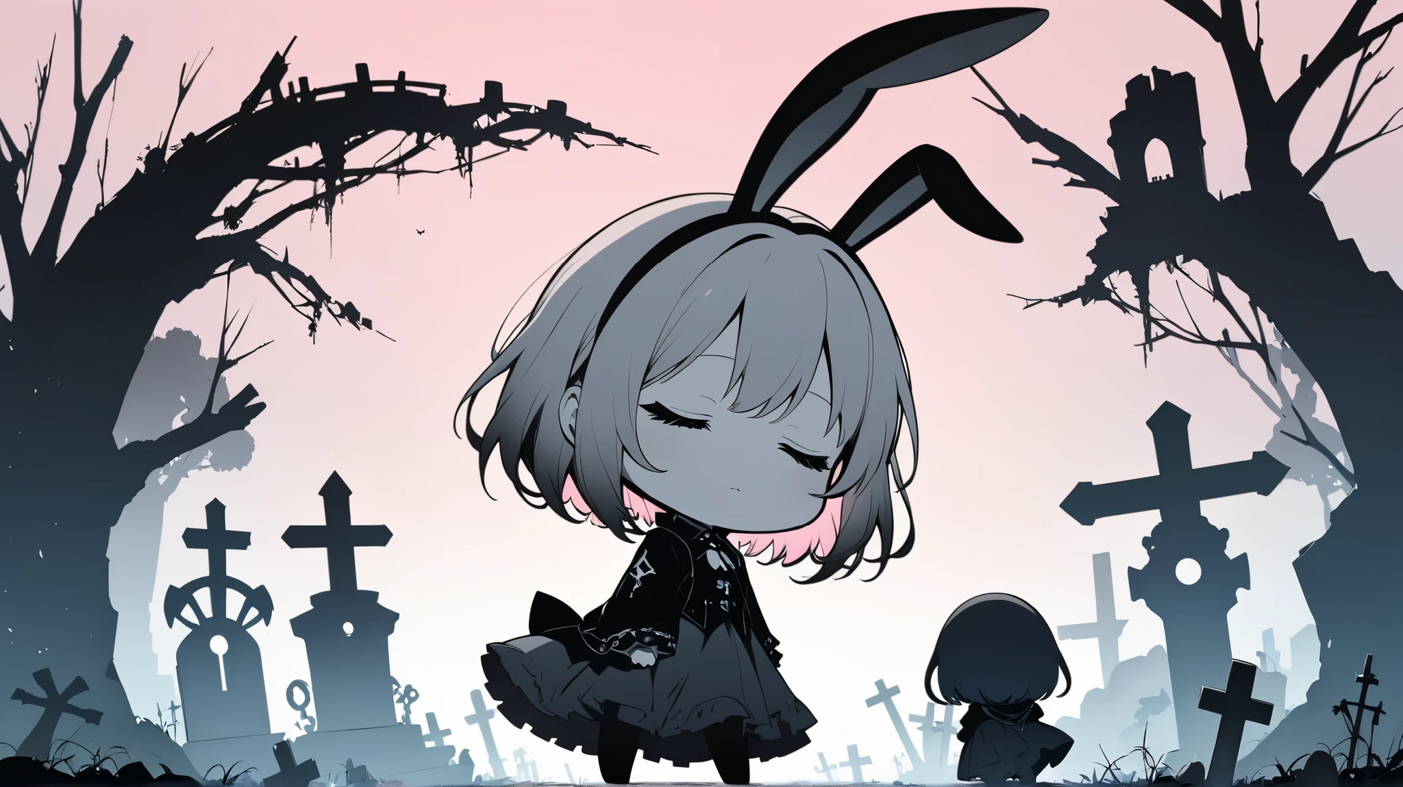 Flat Design, Silhouette Art,anime style, 1chibi character\(trk,short hair, bunny ears, closed eyes,white skin,peaceful expression,[monochrome,dark gothic illustration:Pastel gradation color,dreamy illustration:0.3],\),solo,gentle glow, gradient background,gray and soft blue and soft pink,derelict graveyard, focus on silhouette symmetry,best quality, minimalism, simple background, 