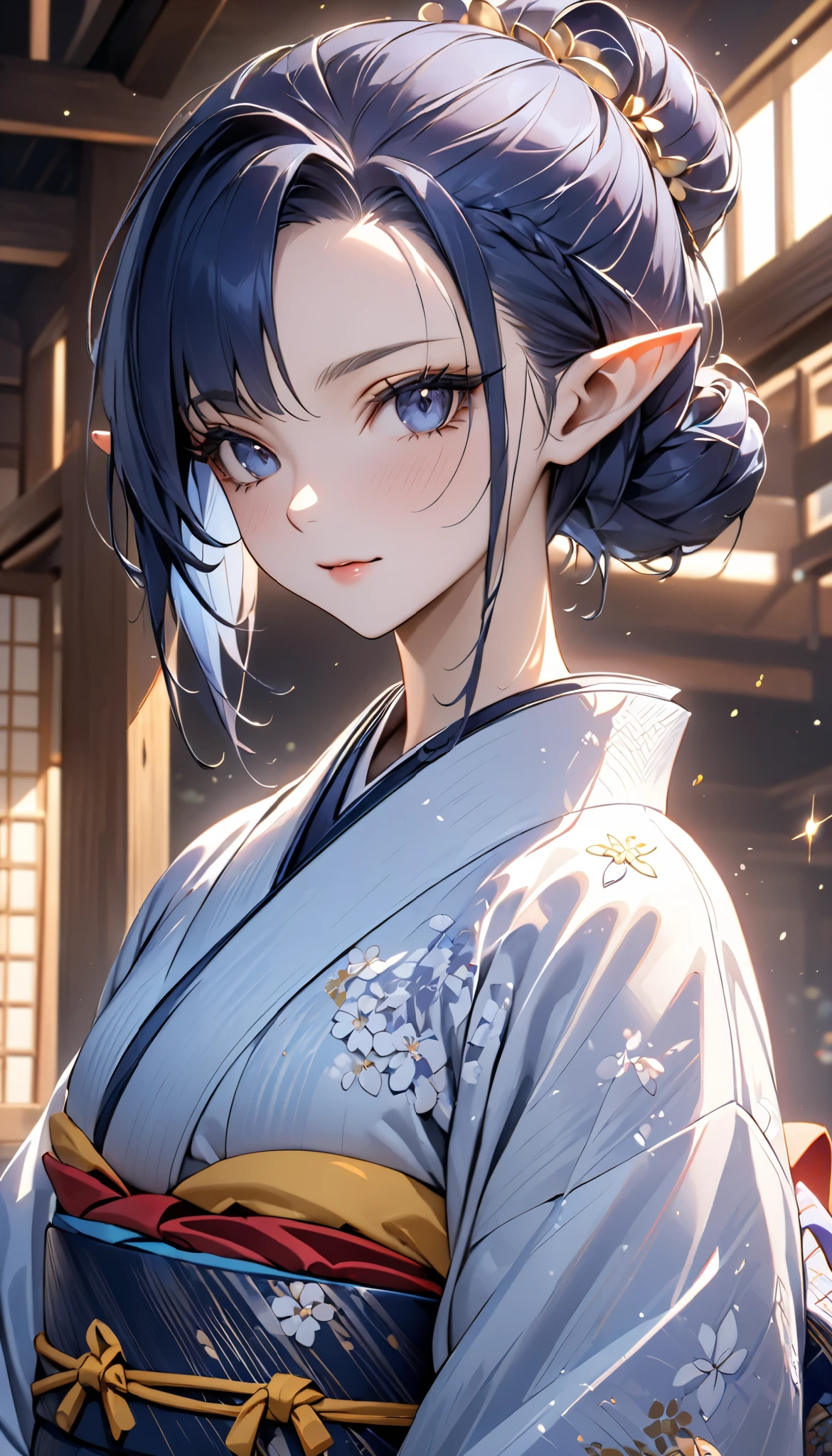 (((Best quality, 8k, Masterpiece: 1.3)), ((best quality)), ((masterpiece)), (detailed), perfect face, dark blue hair, short hair, bangs pinned back, long eyelashes, pointy ears, sparkle, best quality, high quality, high details, award winning, ((super detail)), textured skin, ((masterpiece)), kimono, traditional Japanese clothing, slightly open kimono,