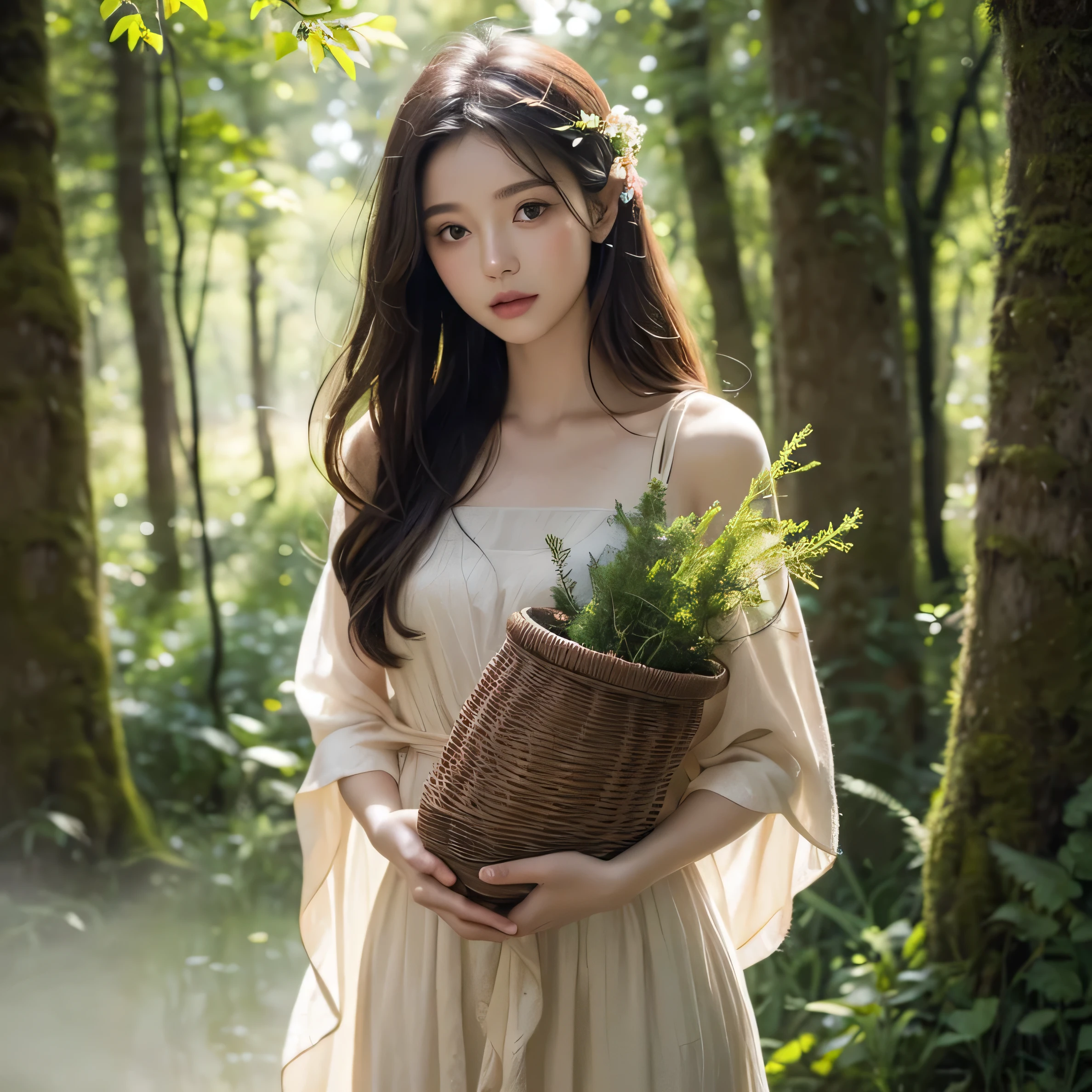 A young girl stands in a lush, misty forest bathed in the soft light of dawn. She wears a flowing, earthy dress adorned with small flowers and carries a wicker basket filled with wild herbs and berries. The towering trees around her are covered in moss, and faint beams of sunlight pierce through the dense canopy, creating an ethereal glow. Her gaze is distant yet curious as if she's listening to the whispers of the forest. A gentle breeze swirls, carrying fallen leaves and adding a sense of quiet magic to the serene scene.