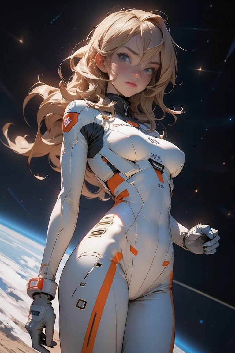 sandy hair fit body large breasts slender thighs slender waist pilot suit solo looking at viewer in space long hair blushing determination, 8k, extreme detail,