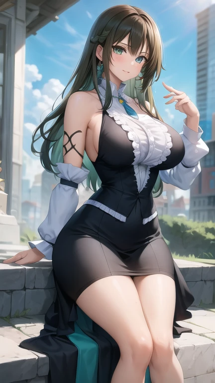 best quality,masterpiece,8k wallpaper,absurdres, highres, ultra detailed, (1 young beautiful girl, solo:1.1), yuna (ff10),heterochromia, green eyes, long black hair, blue eyes, jewelry, ring, victorian dress,cityscape, skyscraper,east_asian_architecture, street,BREAK, large breasts