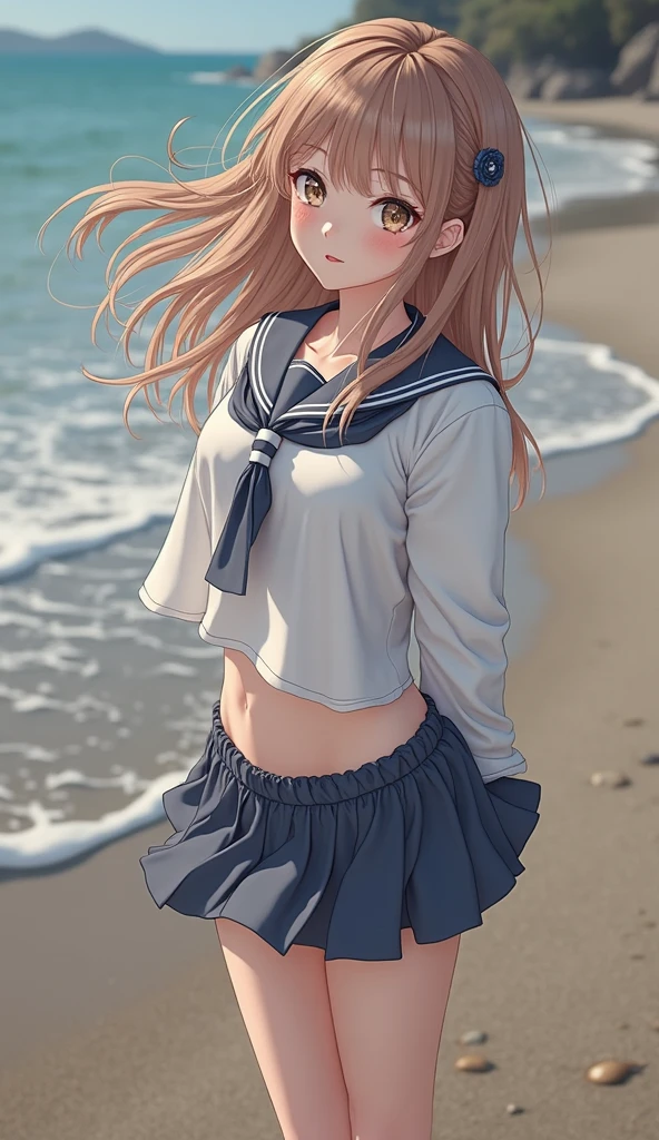 masterpiece, highest quality, High resolution, kitagawa marin sb, 1 girl, blonde, Long Hair, Colorful Hair, Red eyes, jewelry, Earrings, Earrings, , White shirt, Tied Shirt, black choker, Blue tie, Check skirt, (whole body), lace black panties,(Showing panties:1.3), (walking on the beach), big laugh, (Sandals), Outdoor, Wave, Water Play