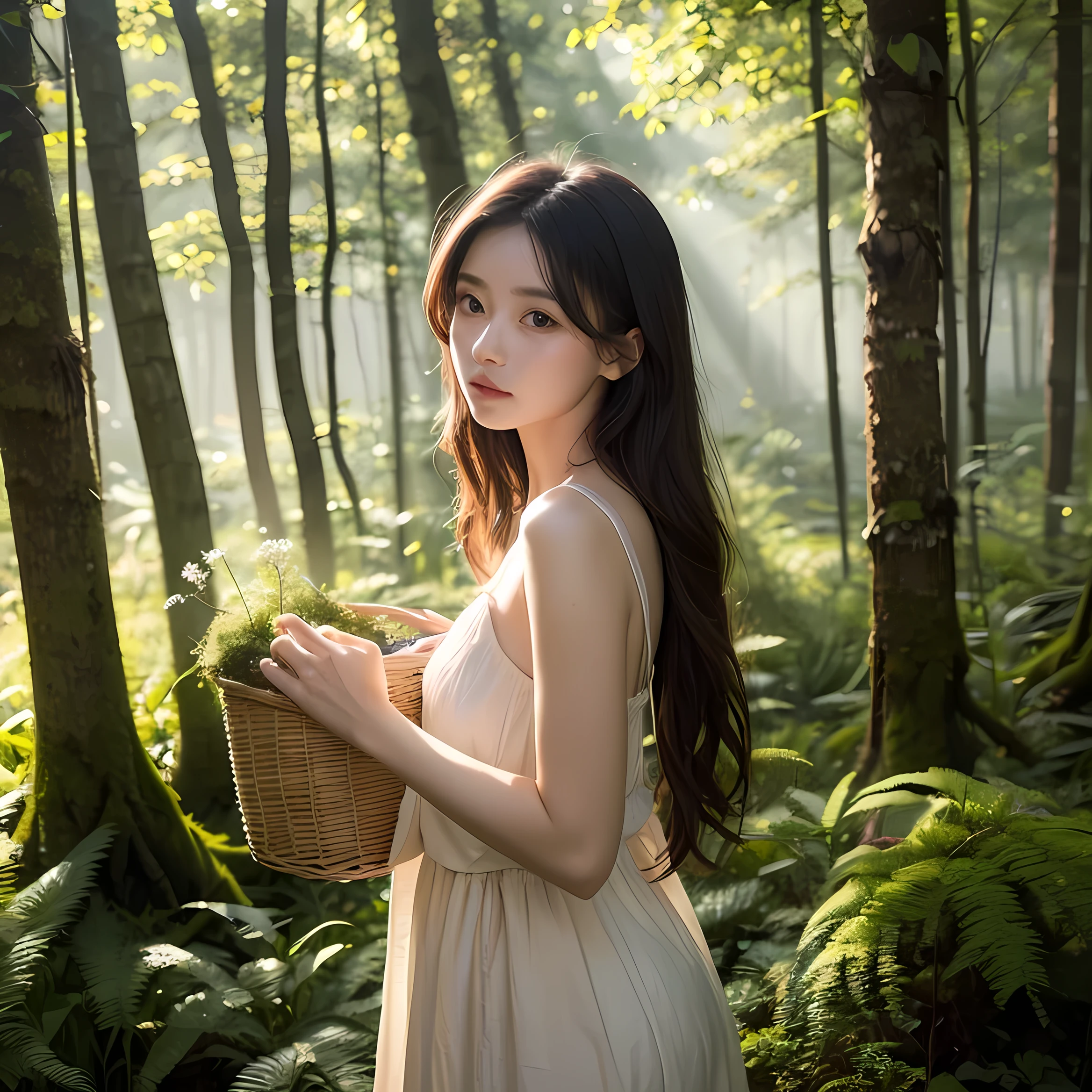 A young girl stands in a lush, misty forest bathed in the soft light of dawn. She wears a flowing, earthy dress adorned with small flowers and carries a wicker basket filled with wild herbs and berries. The towering trees around her are covered in moss, and faint beams of sunlight pierce through the dense canopy, creating an ethereal glow. Her gaze is distant yet curious as if she's listening to the whispers of the forest. A gentle breeze swirls, carrying fallen leaves and adding a sense of quiet magic to the serene scene.