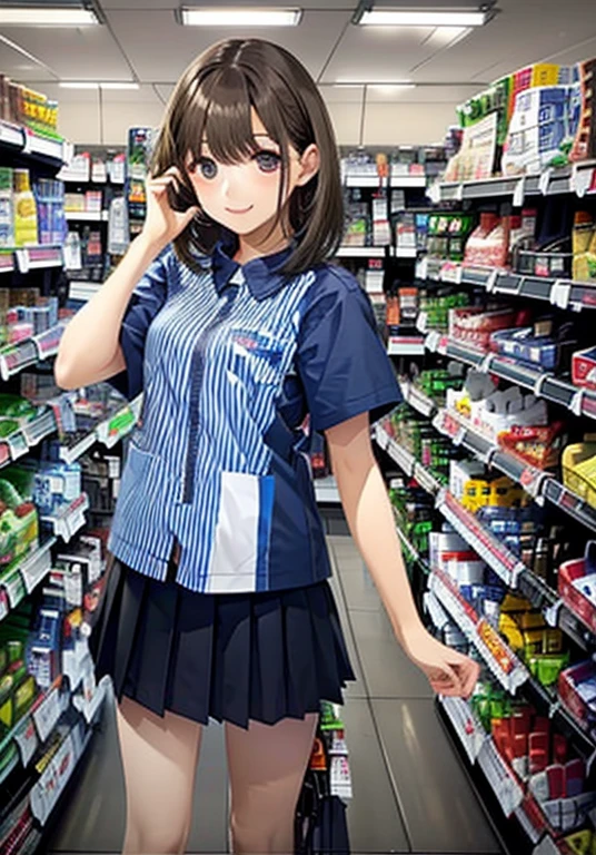 Nene Kasaki々 shiny brown hair ,  short hair, (  beautiful brown eyes、Sparkling Eyes, fine grain)、smile、 super detailed eyes、 very detailed face,   highly detailed eyes, COWBOY SHOOTING 、 (In 8K、 ultra high definition、 top quality、Masseter region、 photorealistic、 ultra high definition)、 (Inside a convenience store:1.5)