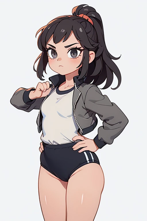 Warrior Girl, wearing a Black gymnastics bloomers, High leg、white blouse, cowboy shot、wearing a leather jacket and Black gymnastics bloomers, High leg,hands on hips,cowboy shot , 