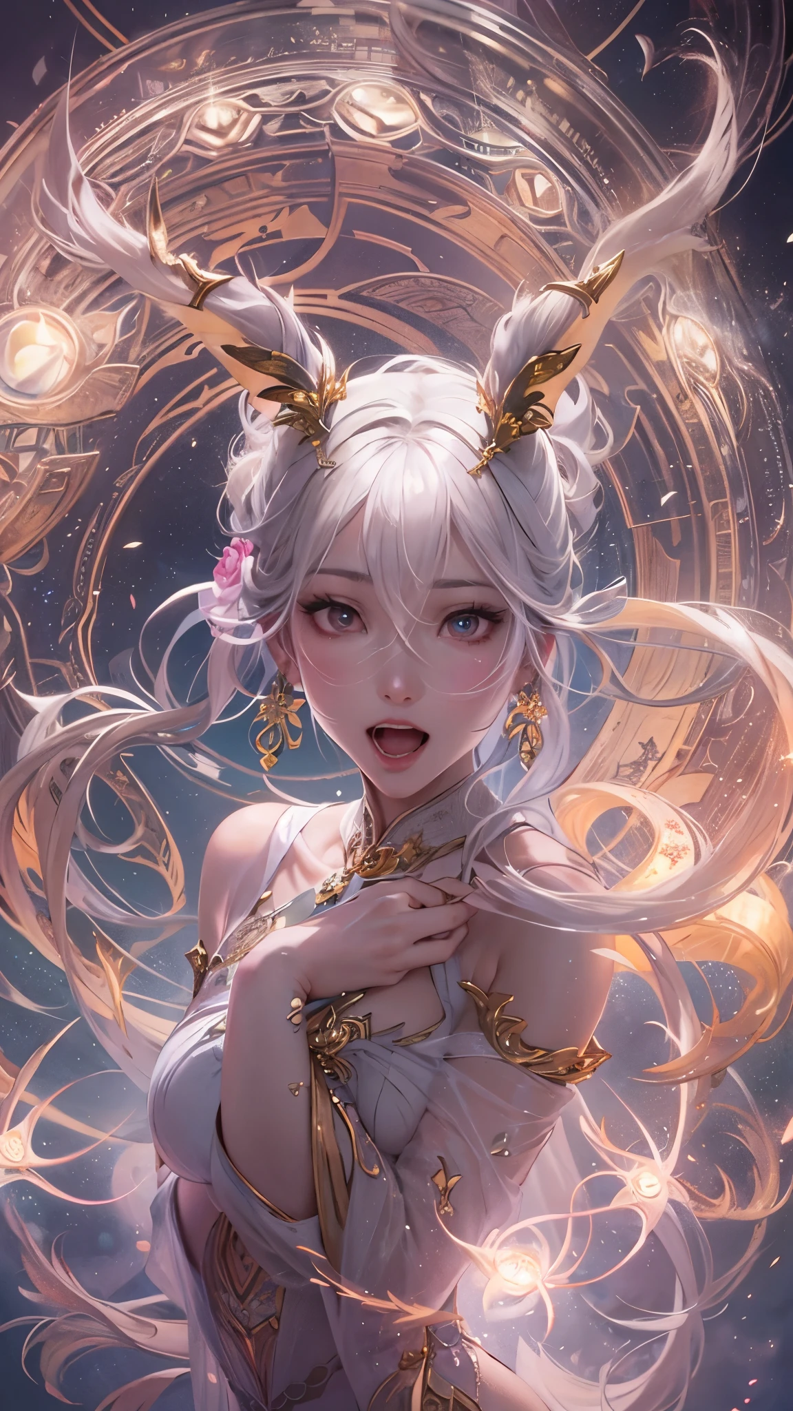 ((Masterpiece, Highest quality)), Detailed face, CharacterDesignSheet,perfectly proportions,full bodyesbian, Full of details, Multiple poses and expressions, Highly detailed, Beautiful Paladin girl surrounded by huge swirling floating water vapor,Starry sky clouds,The most informative,Neutral style,full bodyesbian,Chinese traditional style,Wear a bunny suit,sparkling water reflections,hyper realistic photography,Realistic shadows and lighting,glowing effect,ultra - detailed,8K,ultra-realistic realism
