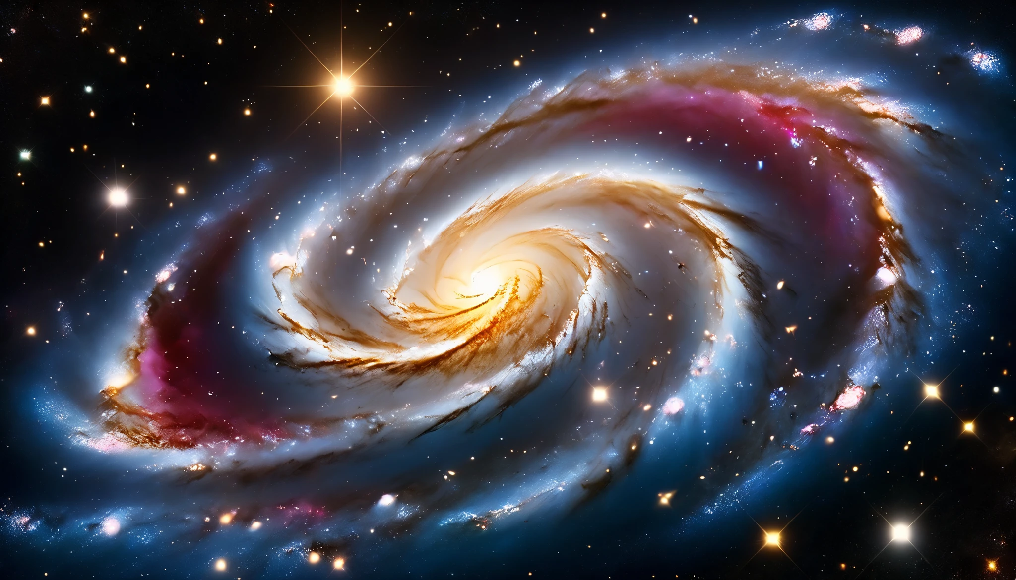 Triple overlapping ring-shaped nebula,The blue Milky Way,Nebula Fog, Digital Art by ,Gold Sparkle,Beautiful digital art, 4K high resolution digital art , Soft swirling magic energy,Magic Whirlwind,Dreamlike art, complex and glamorous anime CGI style 、 super high image quality, Ultra Fine, High Quality ,Spectacular views,Night Sky,8K quality, outer space ,Stars that fill the whole sky 々,View the galaxy from the front ,( Two galaxies cross to form an X shape ),Spiral nebula and supermassive galaxy, spiral galaxies with many turns , Vast Dark Universe , colorful gaseous nebulae,Infinite stars々, Quasars Shining in the Distance , Nebula shining in purple, blue, red, gold, green, silver, and pink,plasma, an uncountable number of huge stars.遠くに別の銀河 visible ,Massive stars in a spectacular galaxy々 visible ,A galaxy with 100 billion stars ,(Two galaxies intersect ), cobalt blue and ultramarine,