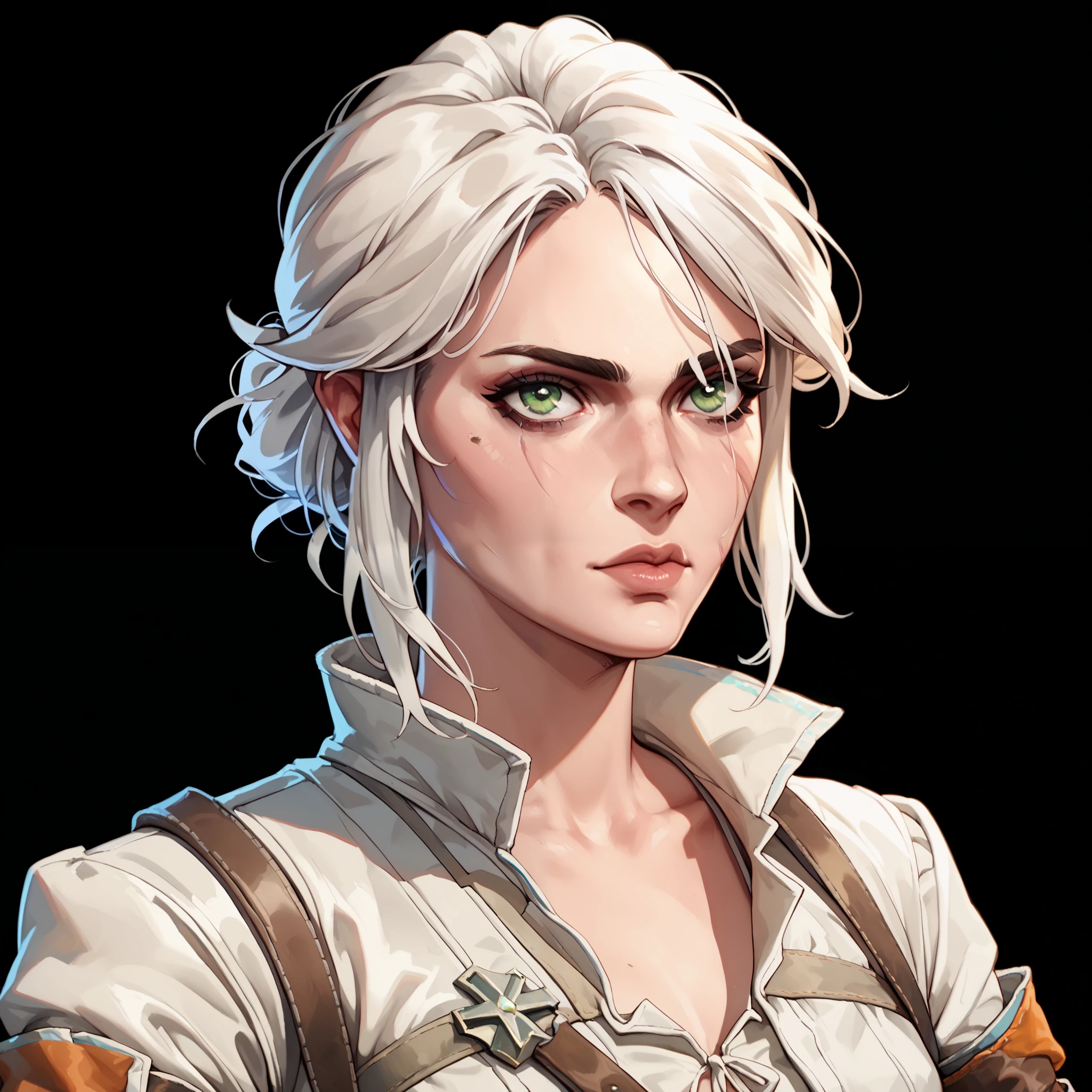 one woman, ciri, (green eyes:1.2), white hair, (upper body:1.3), (black background, clear background:1.5), (white military jacket:1.2), (studio lights, deep shadows:1.3), (small chest:1.2)