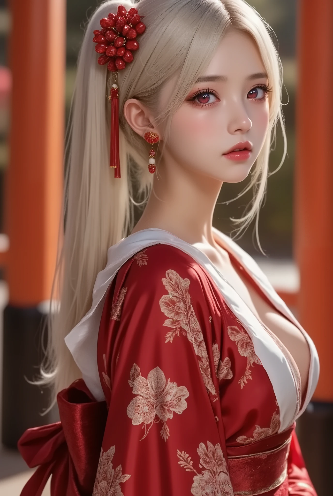 Torii Shrine Welcome Spring Happy New Year's Greetings ,  Furusou Red Coral Hairpin White Hair Red Eye Hair,  full body view,  Detailed Design ,  Realism --personalize ophoxpn 