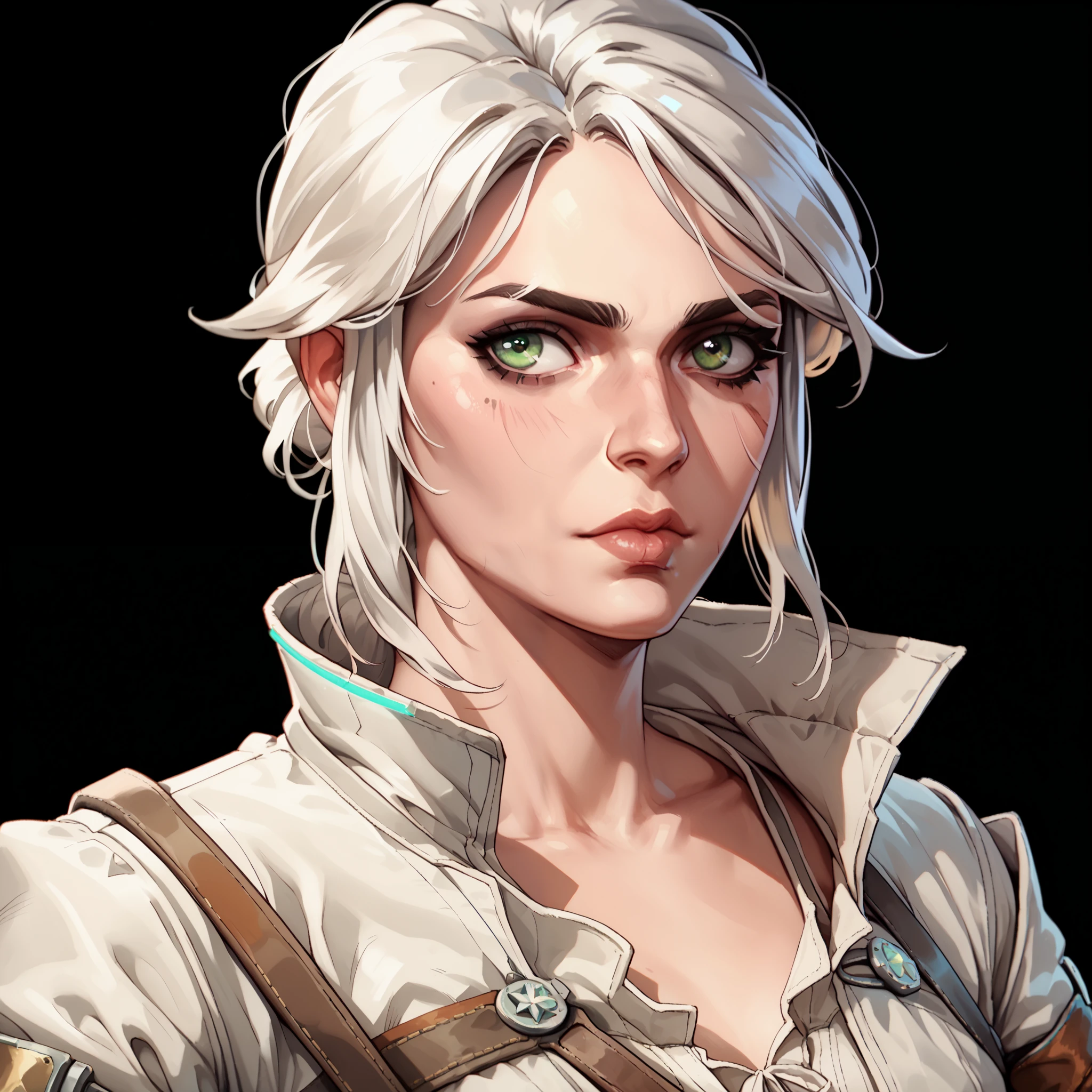 one woman, ciri, (green eyes:1.2), white hair, (upper body:1.3), (black background, clear background:1.5), (white military jacket:1.2), (studio lights, deep shadows:1.3), (small chest:1.2)