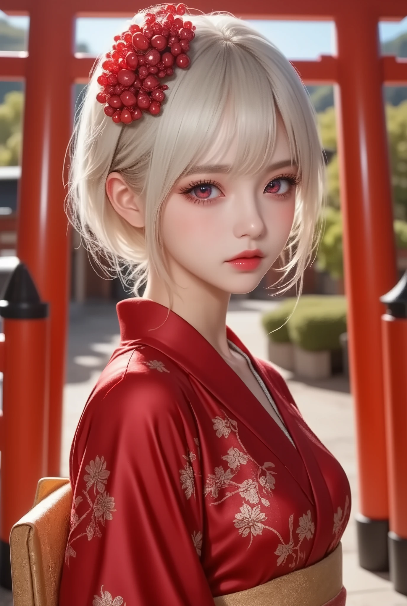Torii Shrine Welcome Spring Happy New Year's Greetings , Furusou Red Coral Hairpin White Hair Red Eye Hair, full body view, Detailed Design , Realism --personalize ophoxpn