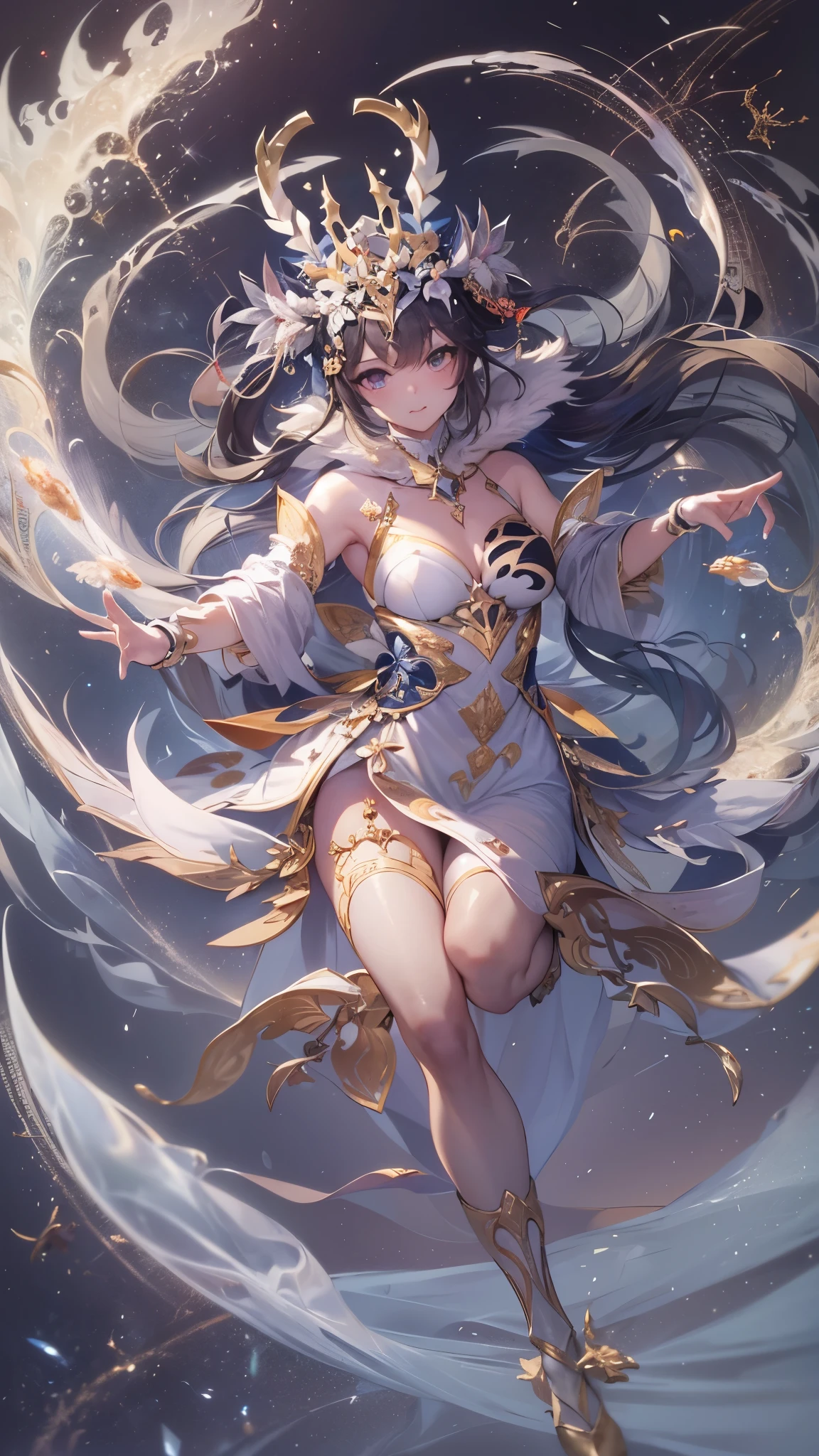 ((masterpiece, best quality)), Delicate face,fighter,whole body,Standing picture,Long legs,Large Breasts,Gradient long wavy hair,Perfect body proportions,Pretty golden eyes,Extremely beautiful,transparent, Pure white background,cloud,Dragon Soul,Erotic_lingerie,Sexy_Bikini,Lace,Garter stockings