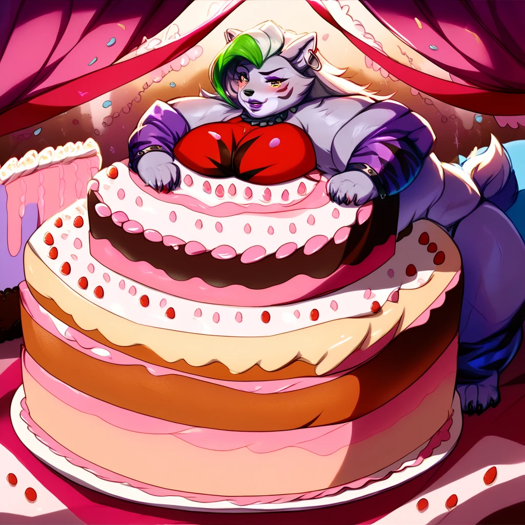 Living cake, score_9, score_8_up, score_7_up, score_6_up, score_5_up, score_4_up, rating_questionable, roxanne wolf, fat, chubby, obese, gigantic arms and legs, blush,