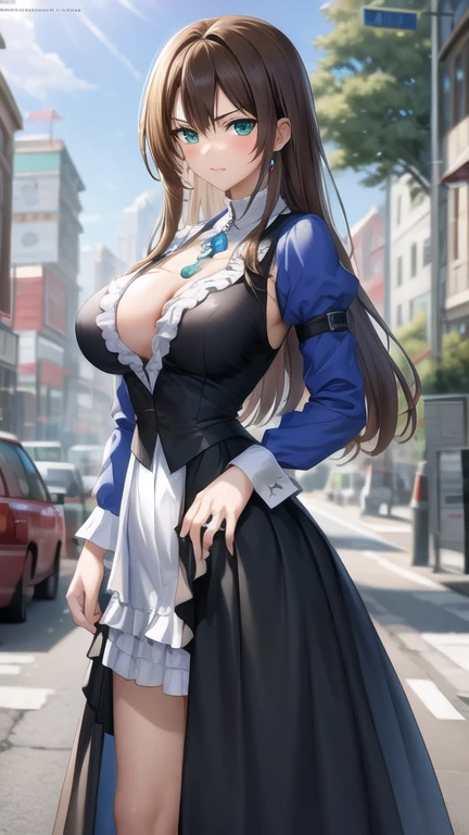 best quality,masterpiece,8k wallpaper,absurdres, highres, ultra detailed, (1 young beautiful girl, solo:1.1), yuna (ff10),heterochromia, green eyes, long black hair, blue eyes, jewelry, ring, victorian dress,cityscape, skyscraper,east_asian_architecture, street,BREAK, large breasts, ball dres