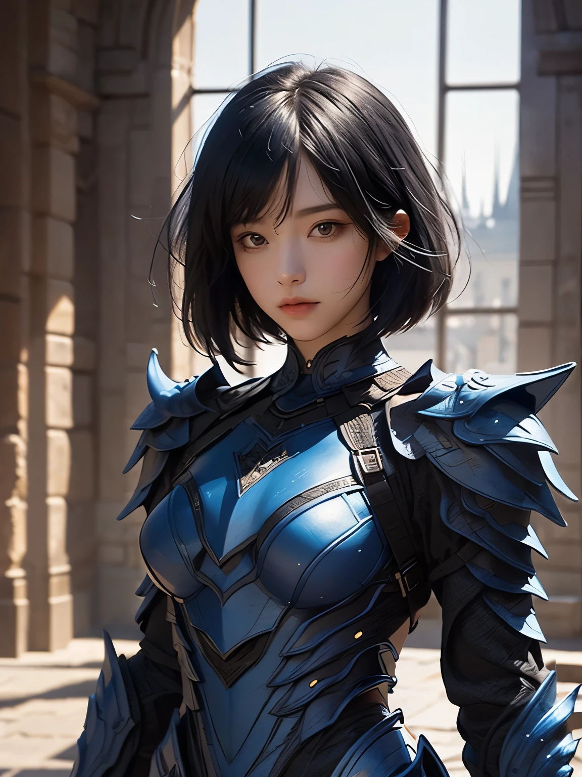 (((Best Quality))), ((Ultra-detailed)), (extremely detailed photo), ((extremely delicate and beautiful)),(Cute delicate face), ((masterpiece)), perfect anatomy, intricate, (highly detailed), masterpiece, photorealistic, (Tall and cool 36 year old boyish girl),(blue and black armor:1.3), ((Castle Town)) ,(upper body),alone,black hair,(pixie cut hair),(dynamic pose), looking at viewer, double eyelid,delicate skin,slender body shape,big breast
