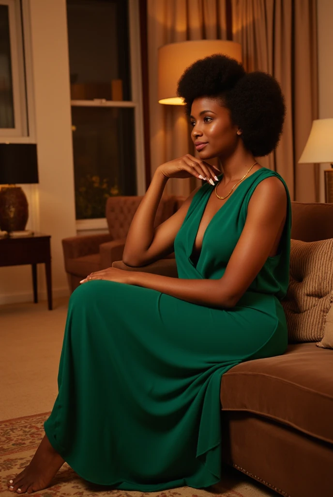 Uma menina negra com cabelos longos e castanhos e olhos verdes, She is sitting in a green armchair and is wearing an elegant light blue with details and diamonds. Texturarealista