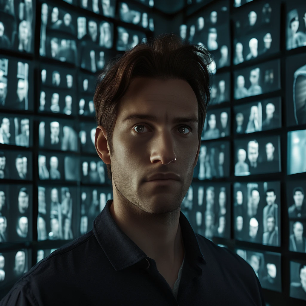 A close-up of a 30-year-old man standing inside a room surrounded by screens. The focus is on the man's face, showing his features in detail, with a neutral or slightly thoughtful expression. The screens in the background emit a soft glow, creating a modern and tech-inspired atmosphere. The room is dimly lit, with the light from the screens casting subtle reflections on the man's face.