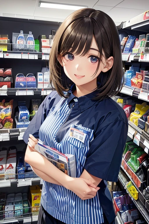 Nene Kasaki々 shiny brown hair ,  short hair, (  beautiful brown eyes、Sparkling Eyes, fine grain)、smile、 super detailed eyes、 very detailed face,  highly detailed eyes, COWBOY SHOOTING 、 (In 8K、 ultra high definition、 top quality、Masseter region、 photorealistic、 ultra high definition)、 (Inside a convenience store:1.5)、((Lawson store clerk))