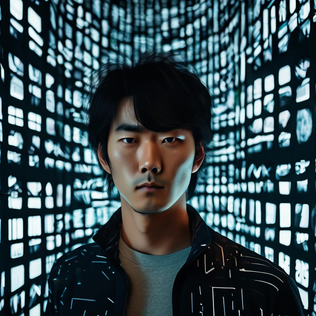 A close-up of a 30-year-old Japanese man standing in a room surrounded by screens. The man has a confident expression, short black hair, and is dressed in a modern, casual outfit. The room is dimly lit, with the glow from the screens illuminating his face. The screens display various abstract graphics and digital patterns, giving a futuristic atmosphere. The man's facial features are sharp and distinct, and the focus is entirely on his face, with the background slightly blurred for emphasis.