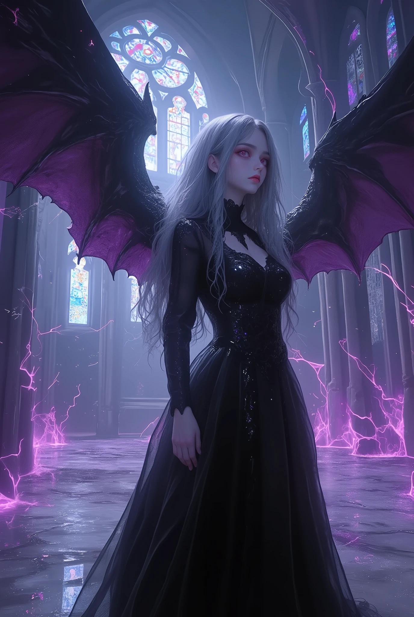 Photorealistic, Upper body close-up shot from ground level, A very beautiful angelic girl\(upper body and ground shot close-up, long flowing silver hair and captivating eyes\), standing in a dramatic pose on a reflective marble floor, with her gothic wings spread wide, wearing an exquisitely detailed gothic black dress, the background\(wings fluttering around her for dramatic effect, the scene is inside a gothic cathedral with high arches and stained glass windows casting a soft light\), portraying her from an upper body and ground level perspective, giving her a sense of godliness and menace. Dynamic pose, lighting is soft backlit to highlight her hair and wings, with deep shadows adding contrast. gothicstylenext, ArsMJStyle, dnddarkestfantasy, This image is an ultra-realistic 8k resolution masterpiece featuring cinematic lighting, exquisite details and high quality textures.(However, this scene was faked by a drug addict.) The truth is,The scene captures a distorted and unstable perspective, akin to a fisheye lens expanding into a luminous, shimmering view. Abstract motifs reflective of hallucinatory experiences fill the foreground, including blurred human figures, vivid afterimages, and dynamically moving shapes. In the background, glowing fluorescent patterns flicker amidst darkness, while the faint echoes of a warped cityscape ripple across the scene. This surreal composition is brought to life with ultra-realistic detail, hyper-surrealistic rendering, dynamic angles, vivid neon color schemes, psychedelic patterns, high-contrast shadows, and dramatic cinematic lighting.