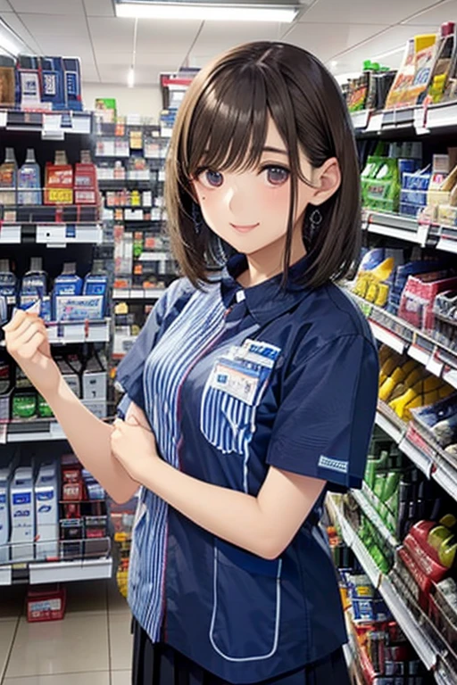 Nene Kasaki々 shiny brown hair ,  short hair, (  beautiful brown eyes、Sparkling Eyes, fine grain)、smile、 super detailed eyes、 very detailed face,  highly detailed eyes, COWBOY SHOOTING 、 (In 8K、 ultra high definition、 top quality、Masseter region、 photorealistic、 ultra high definition)、 (Inside a convenience store:1.5)、((Lawson store clerk))