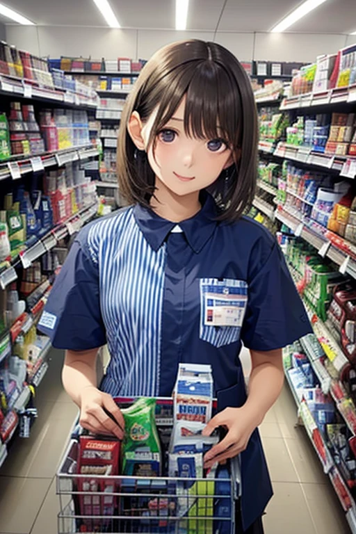 Nene Kasaki々 shiny brown hair ,  short hair, (  beautiful brown eyes、Sparkling Eyes, fine grain)、smile、 super detailed eyes、 very detailed face,  highly detailed eyes, COWBOY SHOOTING 、 (In 8K、 ultra high definition、 top quality、Masseter region、 photorealistic、 ultra high definition)、 (Inside a convenience store:1.5)、((Lawson store clerk))