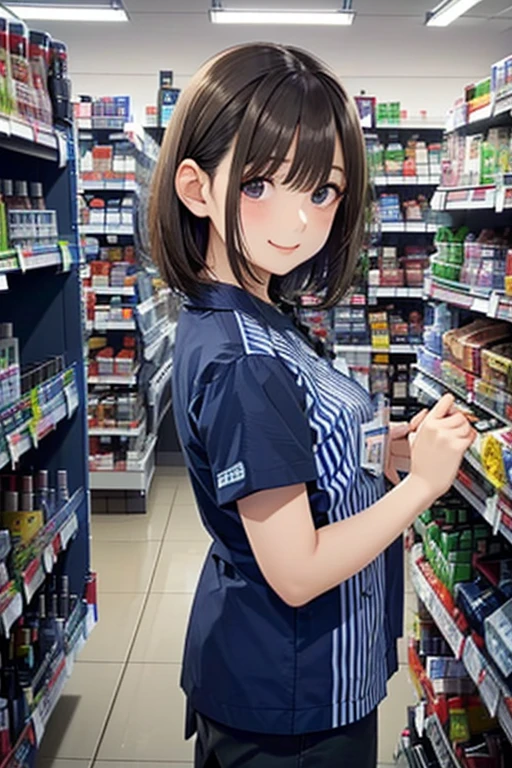 Nene Kasaki々 shiny brown hair ,  short hair, (  beautiful brown eyes、Sparkling Eyes, fine grain)、smile、 super detailed eyes、 very detailed face,  highly detailed eyes, COWBOY SHOOTING 、 (In 8K、 ultra high definition、 top quality、Masseter region、 photorealistic、 ultra high definition)、 (Inside a convenience store:1.5)、((Lawson store clerk))