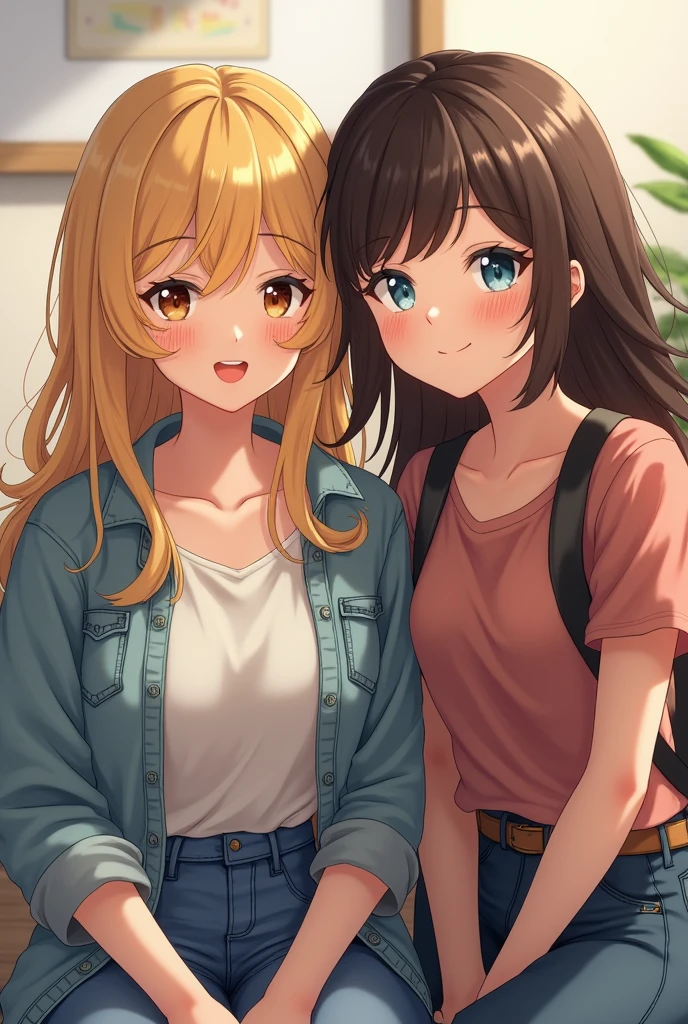 2girls smiling, sitting