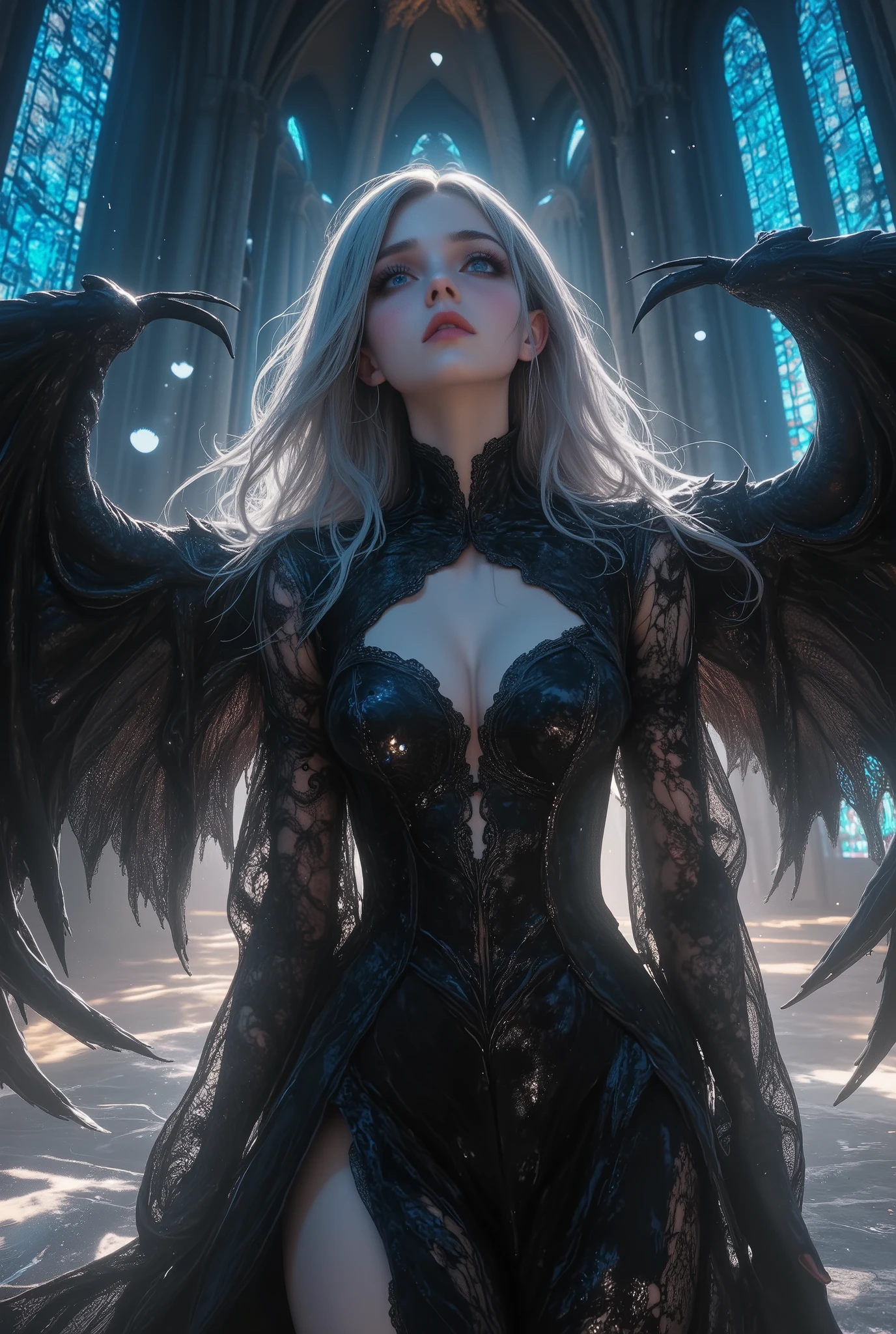 Photorealistic, Upper body close-up shot from ground level, A very beautiful angelic girl\(upper body and ground shot close-up, long flowing silver hair and captivating eyes\), standing in a dramatic pose on a reflective marble floor, with her gothic wings spread wide, wearing an exquisitely detailed gothic black dress, the background\(wings fluttering around her for dramatic effect, the scene is inside a gothic cathedral with high arches and stained glass windows casting a soft light\), portraying her from an upper body and ground level perspective, giving her a sense of godliness and menace. Dynamic pose, lighting is soft backlit to highlight her hair and wings, with deep shadows adding contrast. gothicstylenext, ArsMJStyle, dnddarkestfantasy, This image is an ultra-realistic 8k resolution masterpiece featuring cinematic lighting, exquisite details and high quality textures.(However, this scene was faked by a drug addict.) The truth is,The scene captures a distorted and unstable perspective, akin to a fisheye lens expanding into a luminous, shimmering view. Abstract motifs reflective of hallucinatory experiences fill the foreground, including blurred human figures, vivid afterimages, and dynamically moving shapes. In the background, glowing fluorescent patterns flicker amidst darkness, while the faint echoes of a warped cityscape ripple across the scene. This surreal composition is brought to life with ultra-realistic detail, hyper-surrealistic rendering, dynamic angles, vivid neon color schemes, psychedelic patterns, high-contrast shadows, and dramatic cinematic lighting.
