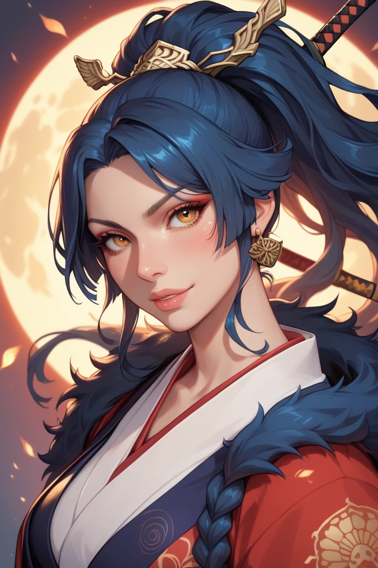 I want a one-piece yamato but with an Elden Ring katana and the effect of bloodfire on the katana. The Yamato costume can be a kimono modified to show more of the body . Do you respect Yamato's colors. I want it in horizontal wallpaper format.