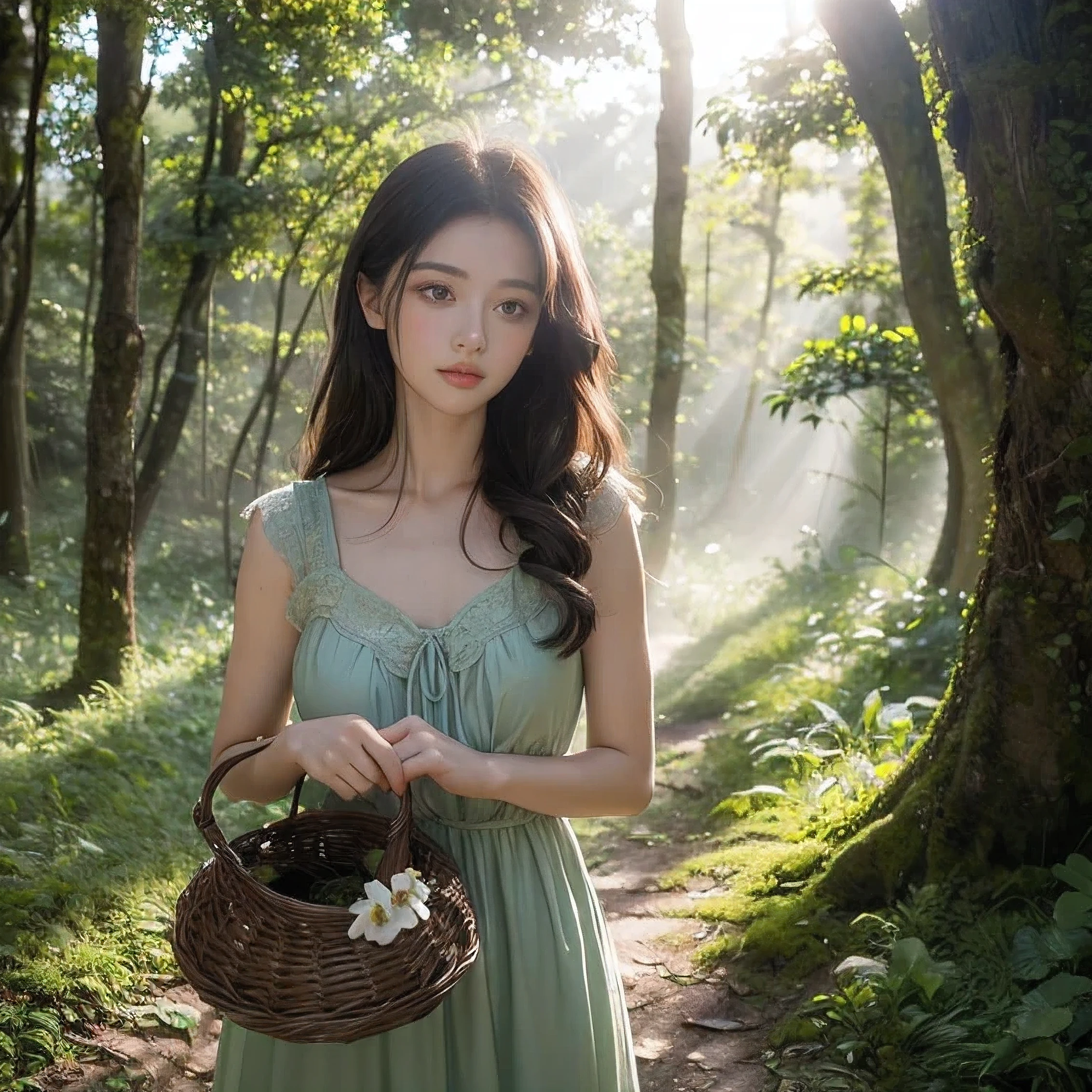 A young girl stands in a lush, misty forest bathed in the soft light of dawn. She wears a flowing, earthy dress adorned with small flowers and carries a wicker basket filled with wild herbs and berries. The towering trees around her are covered in moss, and faint beams of sunlight pierce through the dense canopy, creating an ethereal glow. Her gaze is distant yet curious as if she's listening to the whispers of the forest. A gentle breeze swirls, carrying fallen leaves and adding a sense of quiet magic to the serene scene.