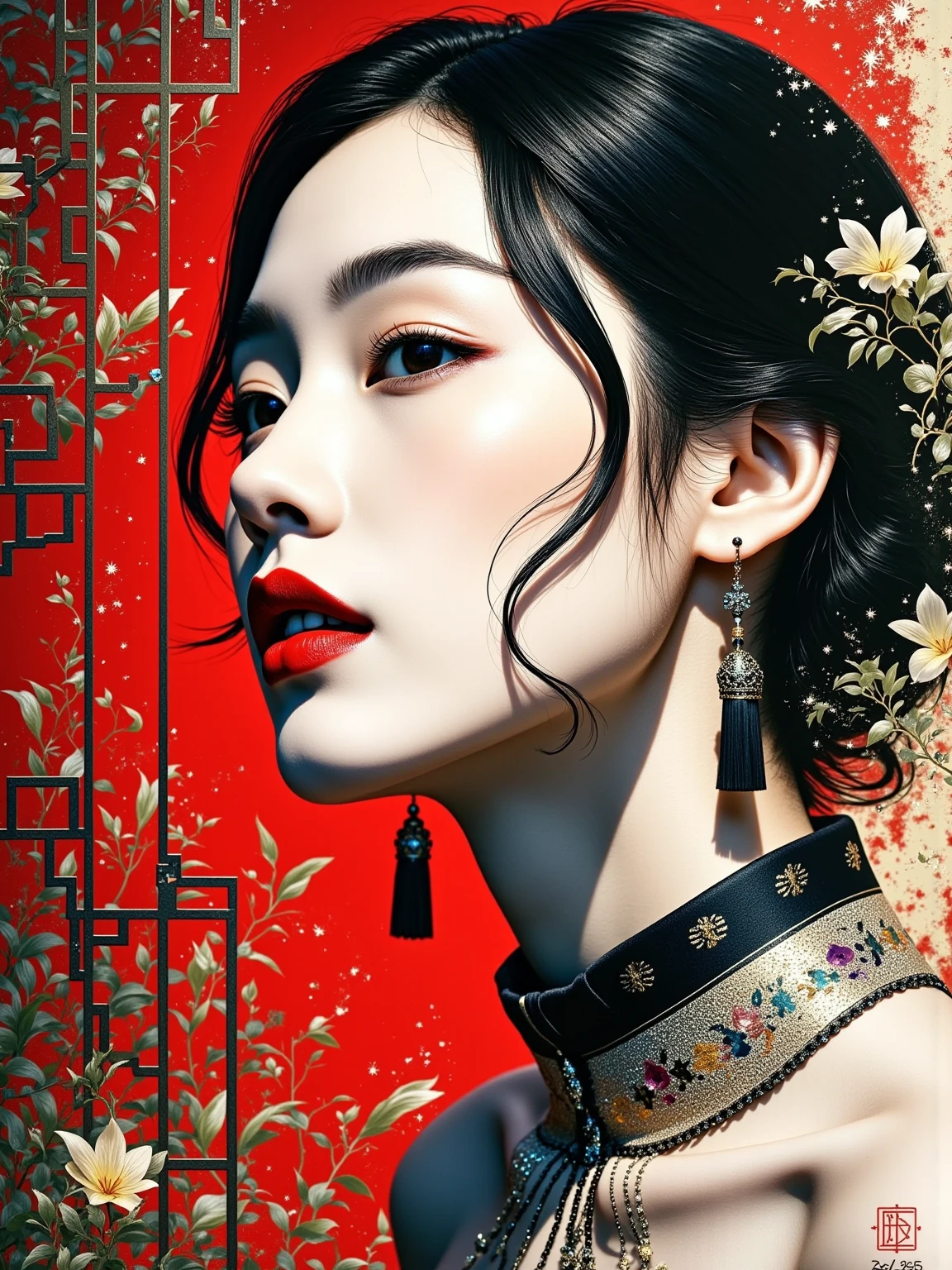 Beautiful woman, fashion, ink painting, light and shadow, abstraction, rhythmic brushstrokes, classical, soft, grainy, poster, female beauty, red, black and white main colors, close-up face, soft gradient background, strong contrasting color collision, stunning, A lot of white space, artistic composition, masterpiece, minimalism, high-end sense, large color blocks