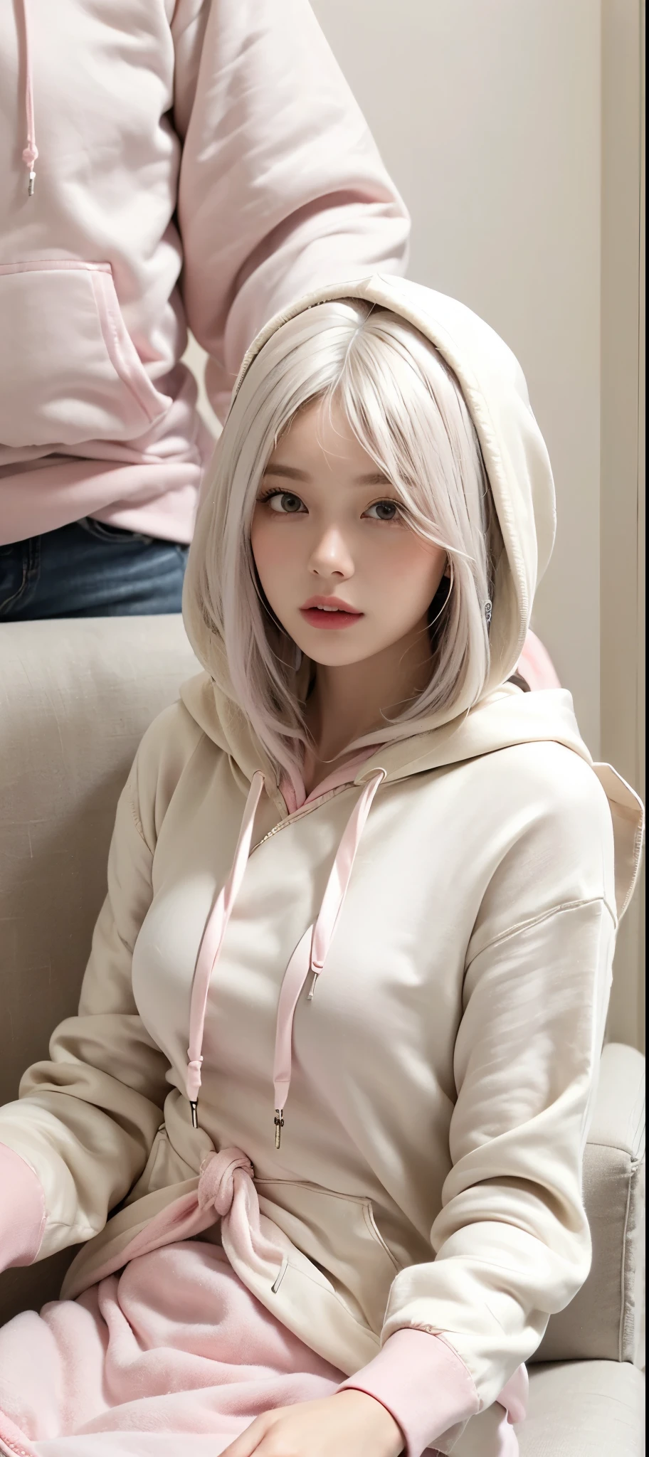 Create a female chibi character with long white hair wearing a pink hoodie with pink eyes