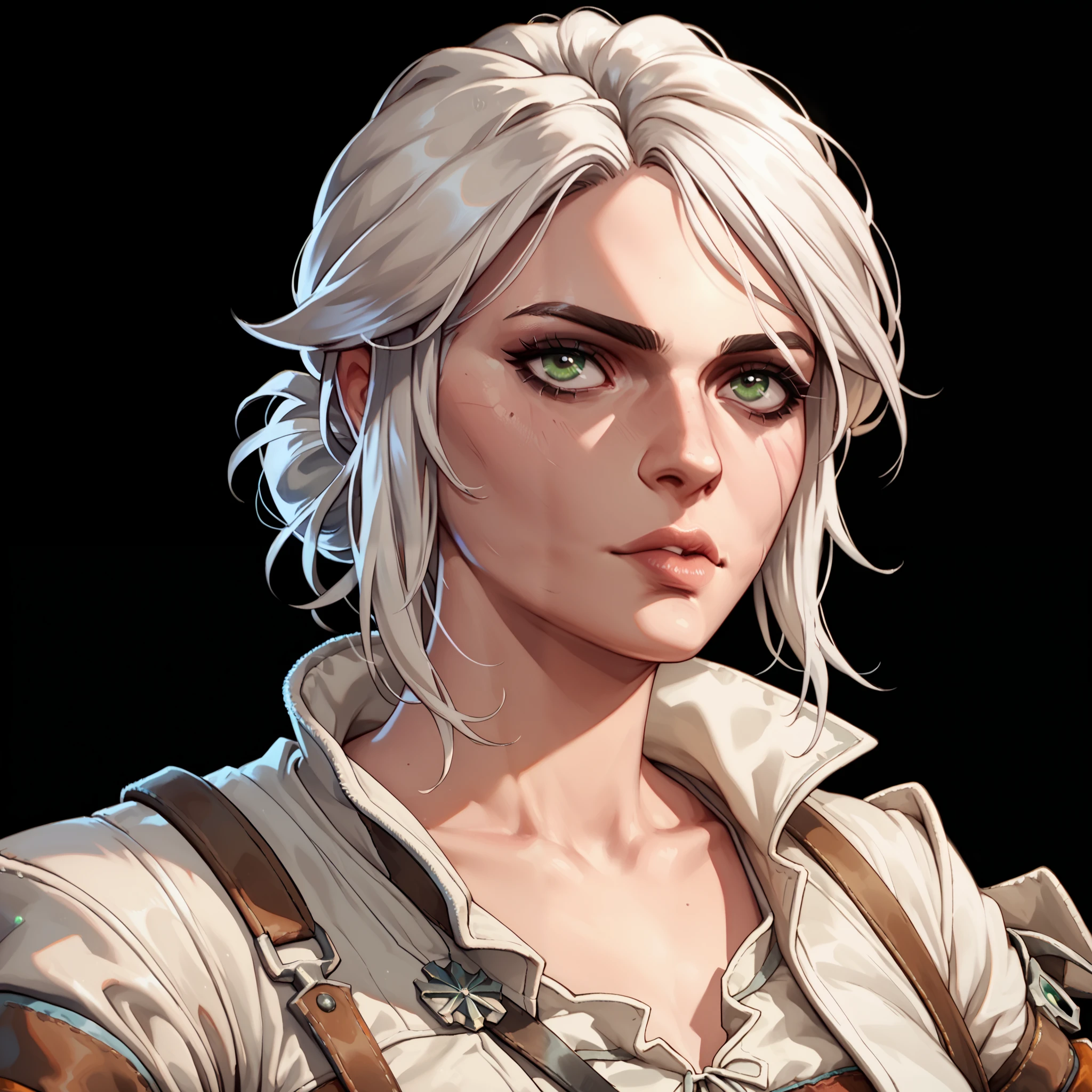 one woman, ciri, (green eyes:1.2), white hair, (upper body:1.3), (black background, clear background:1.5), (white military jacket:1.2), (studio lights, deep shadows:1.3), (small chest:1.2)