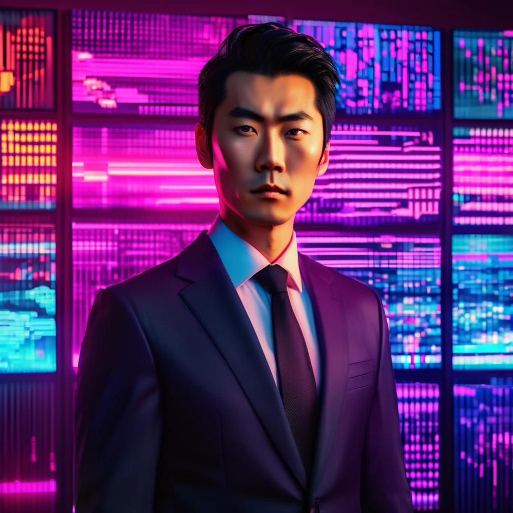 A close-up portrait of a Japanese businessman in his 30s standing inside a room surrounded by colorful screens. The man has short, neatly combed black hair, wearing a dark suit with a white shirt and tie, looking calm and professional. The background features glowing vibrant screens displaying a mix of digital graphics and bright neon colors, creating a modern and dynamic atmosphere. The lighting emphasizes his face, blending the warm glow of the screens with natural skin tones.